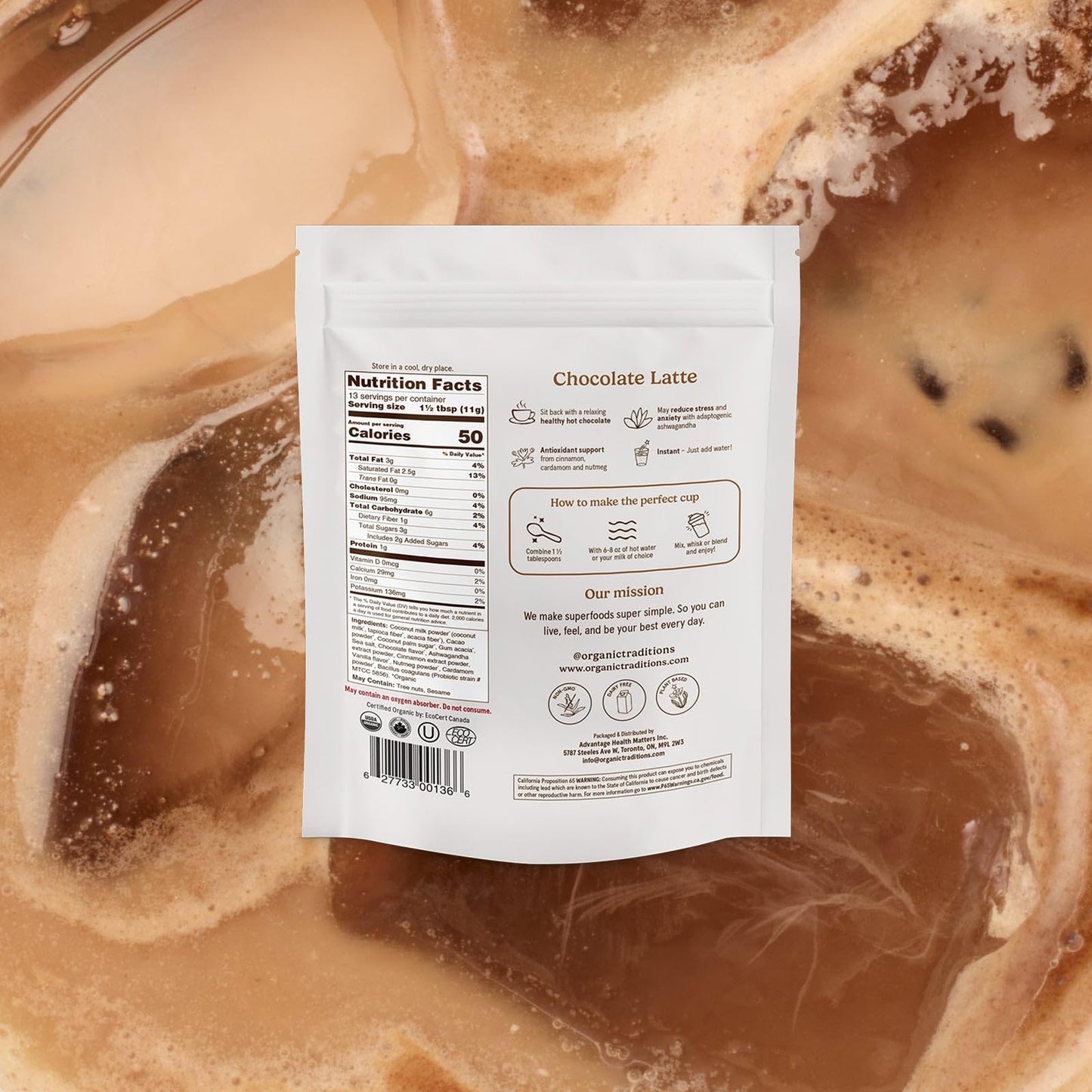 Organic Traditions Superfood Chocolate Latte – Creamy Coconut Milk Base - Dual Extract Ashwagandha – Easy To Mix - Sweetened With Coconut Palm Sugar – 1 Billion Probiotics Per Serving - 150G/ 5.3Oz Bag