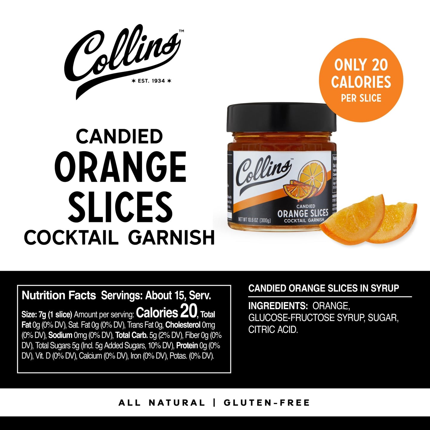 Collins Candied Orange Slices in Syrup, 10.6oz, Set of 1, Orange, Model 11433