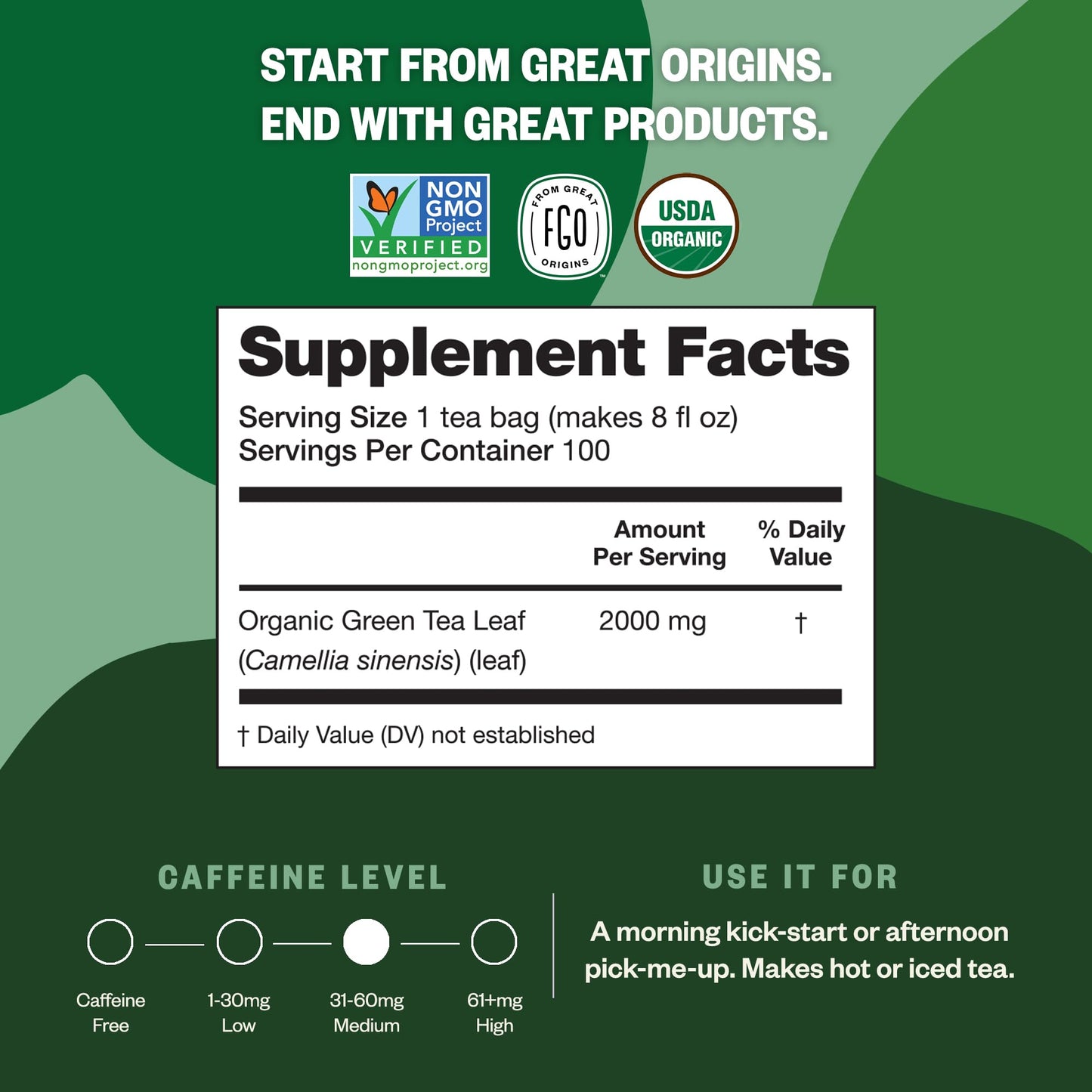 FGO Organic Green Tea Bags, Eco-Conscious, 100 Count, Model FGO-GRNT-TEAB-100