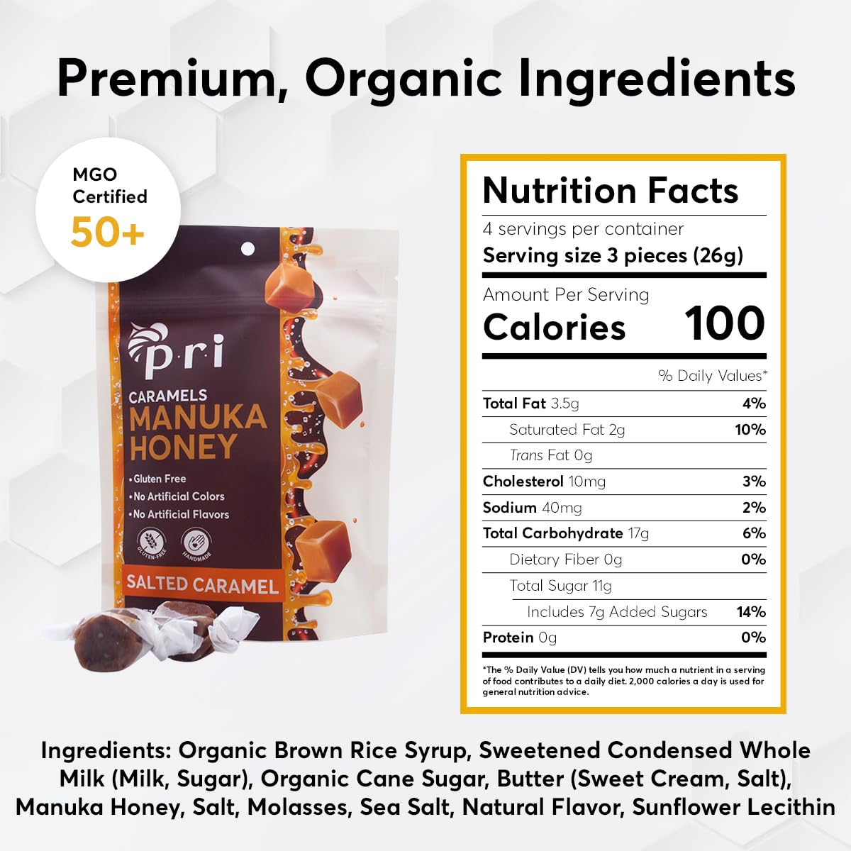 P.R.I Manuka Honey Salted Caramels, Sweet and Chewy All Natural Treat, 4oz