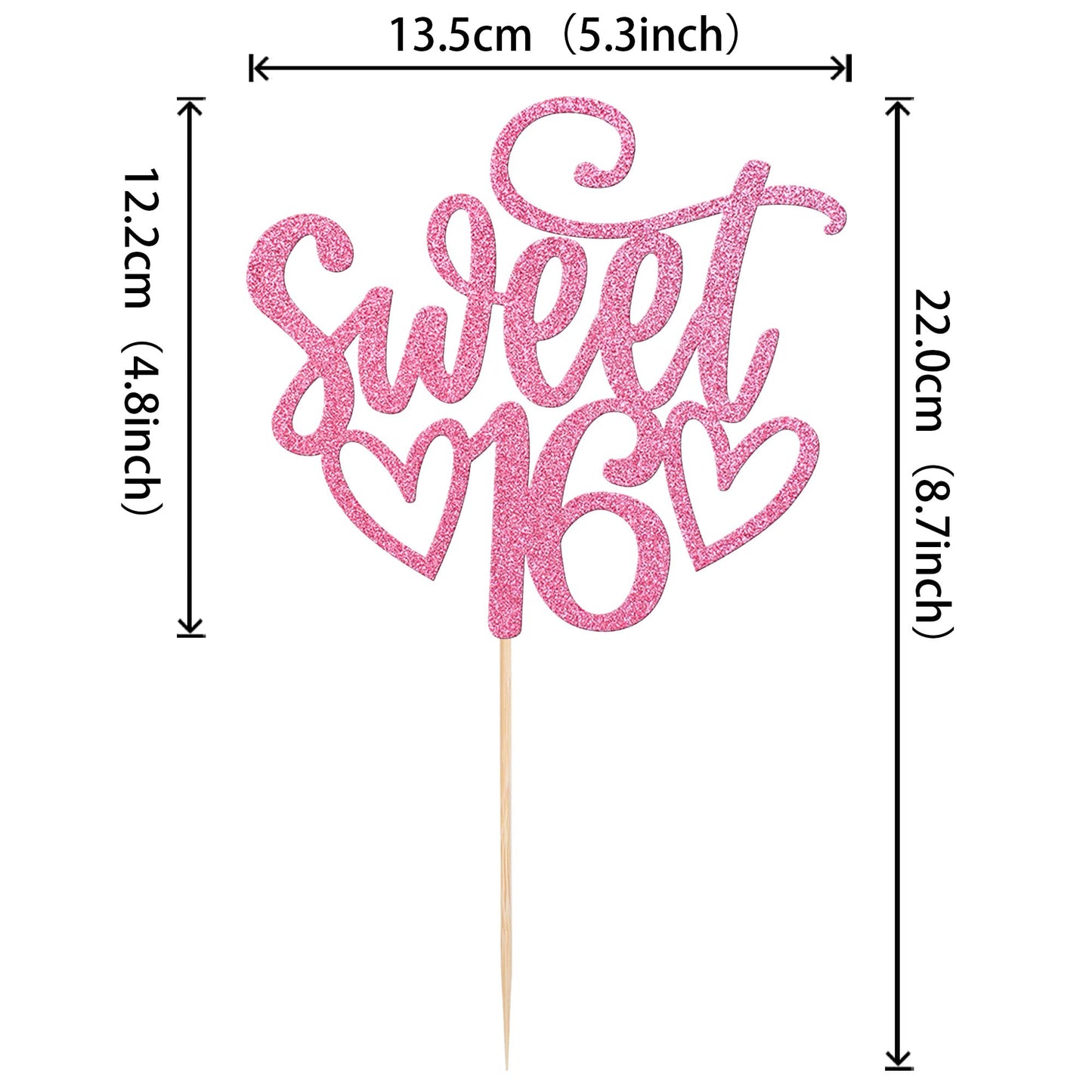 YCTHUNFISH 16th Birthday Cake Topper, Glitter Pink Bamboo Decoration for 16 Years Old Celebration