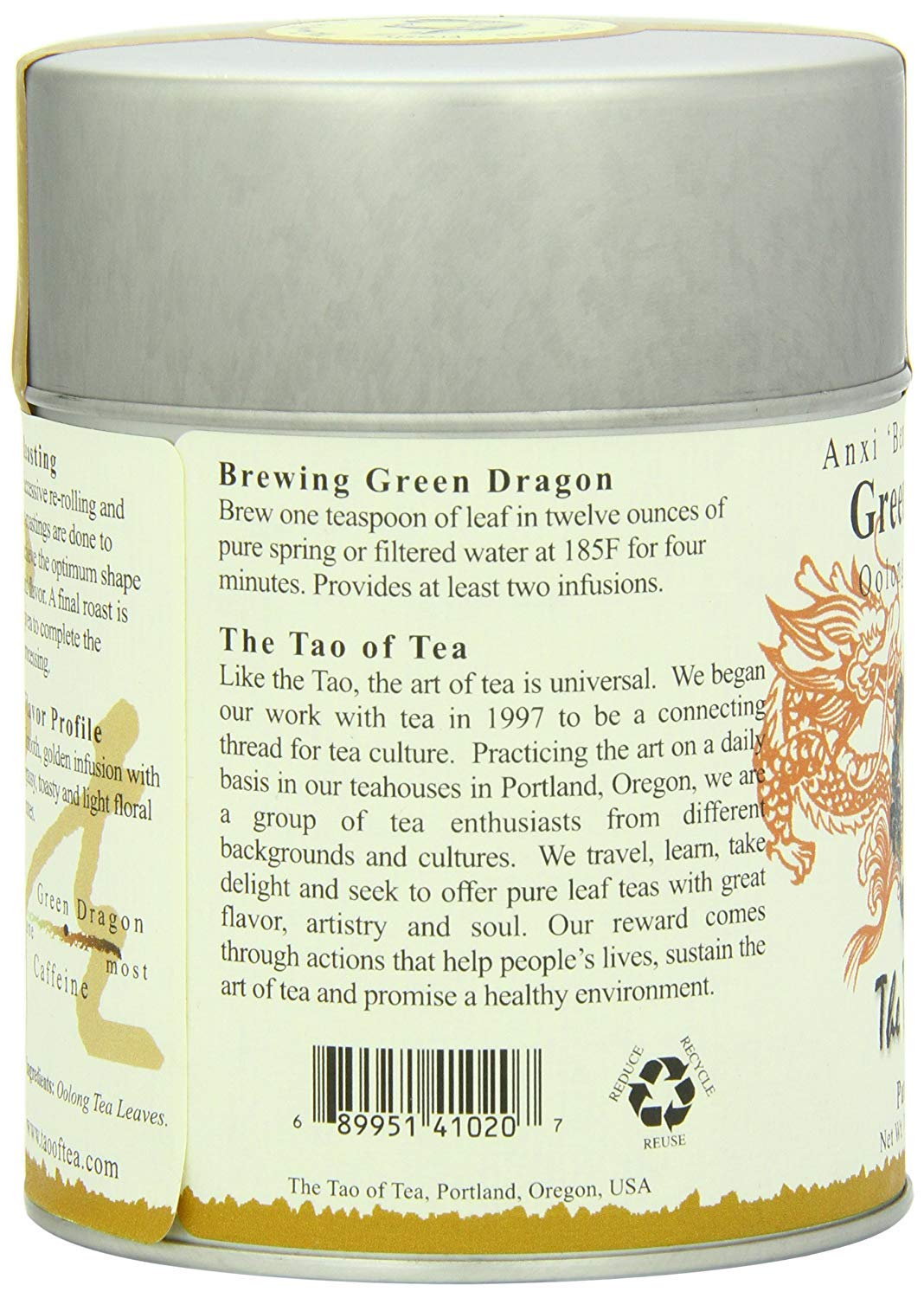 The Tao of Tea Green Dragon Oolong Tea Loose Leaf 3.5 Ounce Tin