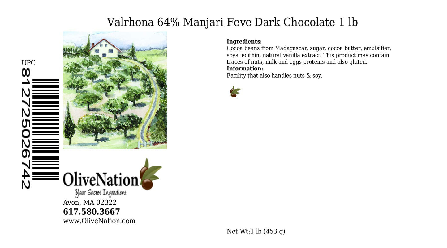 Valrhona 64% Manjari Dark Bitter Sweet Chocolate Feves From Olivenation - 1 Pound