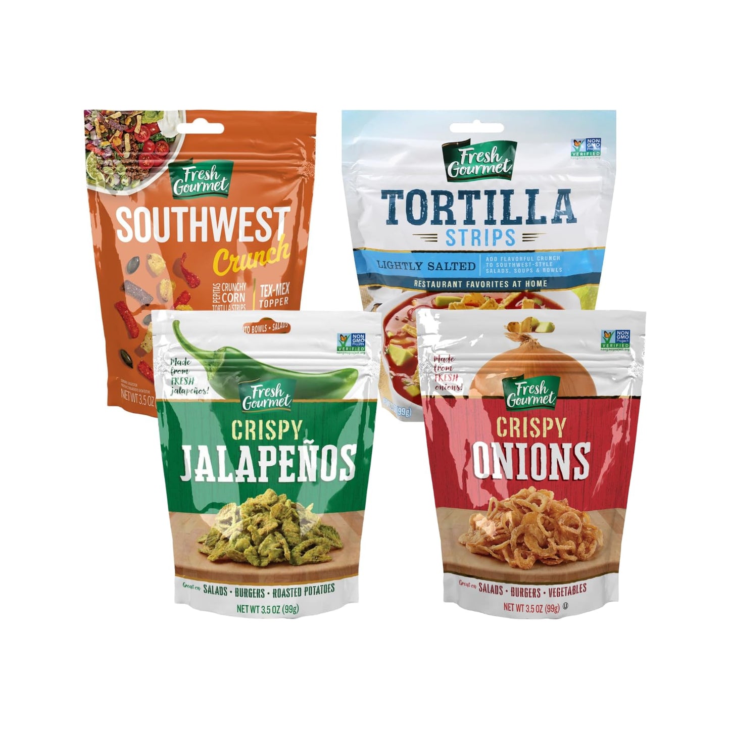 Fresh Gourmet Southwest Variety Pack – Includes Southwest Crunch, Lightly Salted Crispy Onions, Tortilla Strips, And Crispy Jalapeños, 3.5 Oz Each (4-Pack) – Add A Crunchy, Zesty Twist To Tex-Mex Dishes, Salads & More