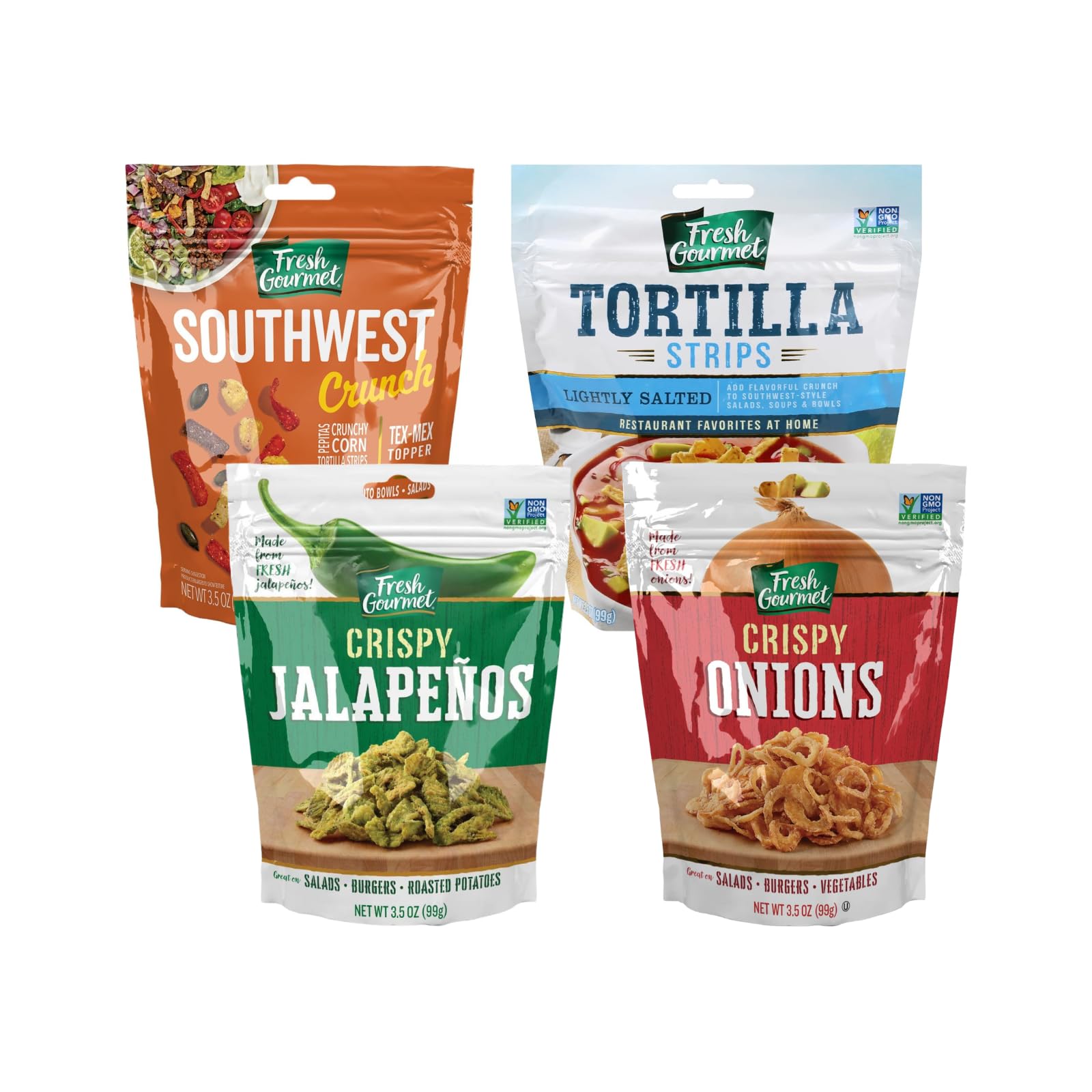 Fresh Gourmet Southwest Variety Pack – Includes Southwest Crunch, Lightly Salted Crispy Onions, Tortilla Strips, And Crispy Jalapeños, 3.5 Oz Each (4-Pack) – Add A Crunchy, Zesty Twist To Tex-Mex Dishes, Salads & More