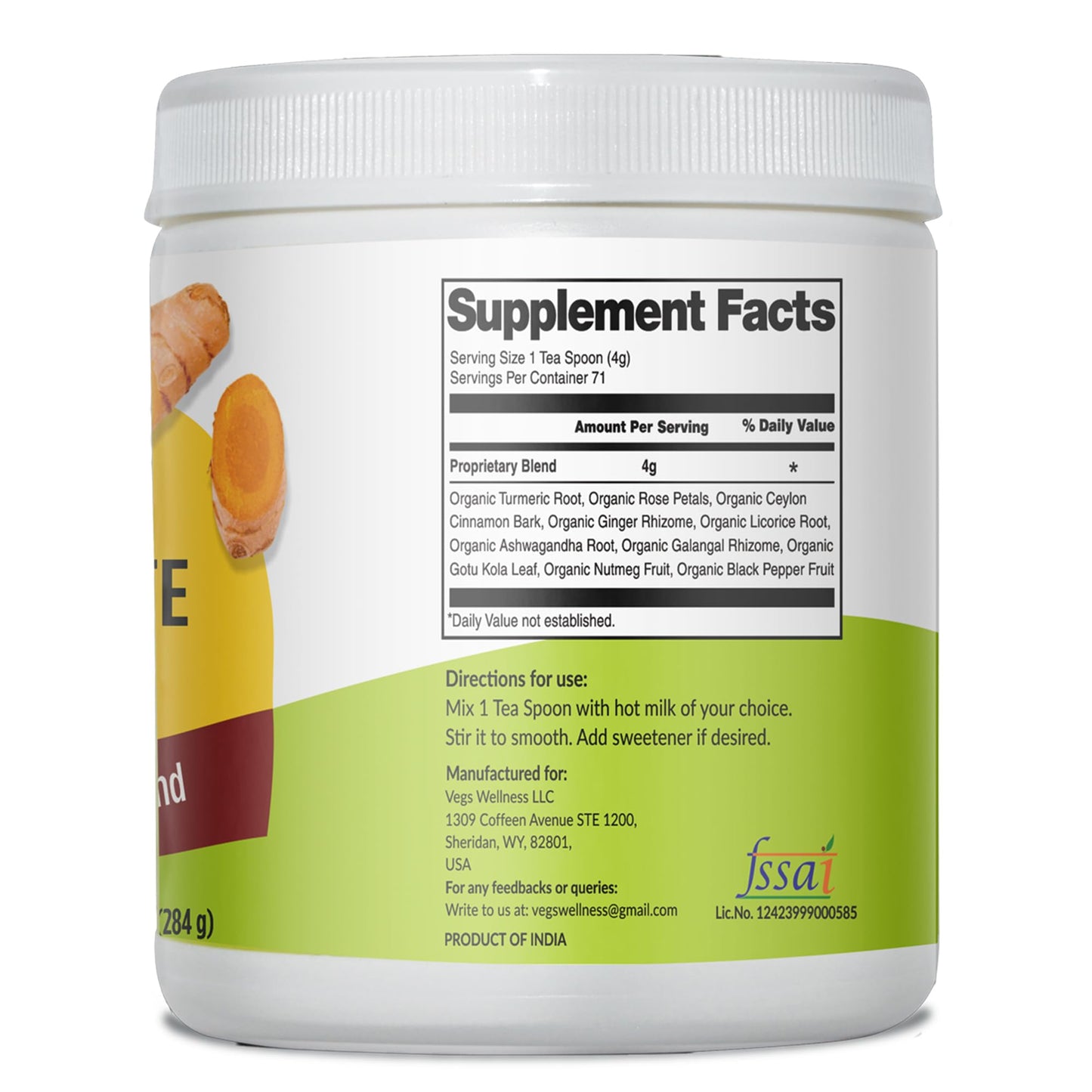 Vegs Turmeric Latte Golden Milk - Ayurvedic Super Spice Mix Golden Milk with Turmeric, Ginger, Rose Petals, Cinnamon, Ashwagandh