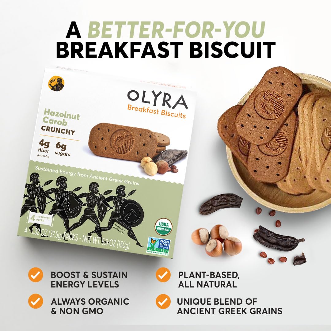 Olyra Organic Breakfast Biscuits - Hazelnut Carob - Healthy Snacks for Adults - Office Snacks - Healthy Cookies - High Fiber Sna