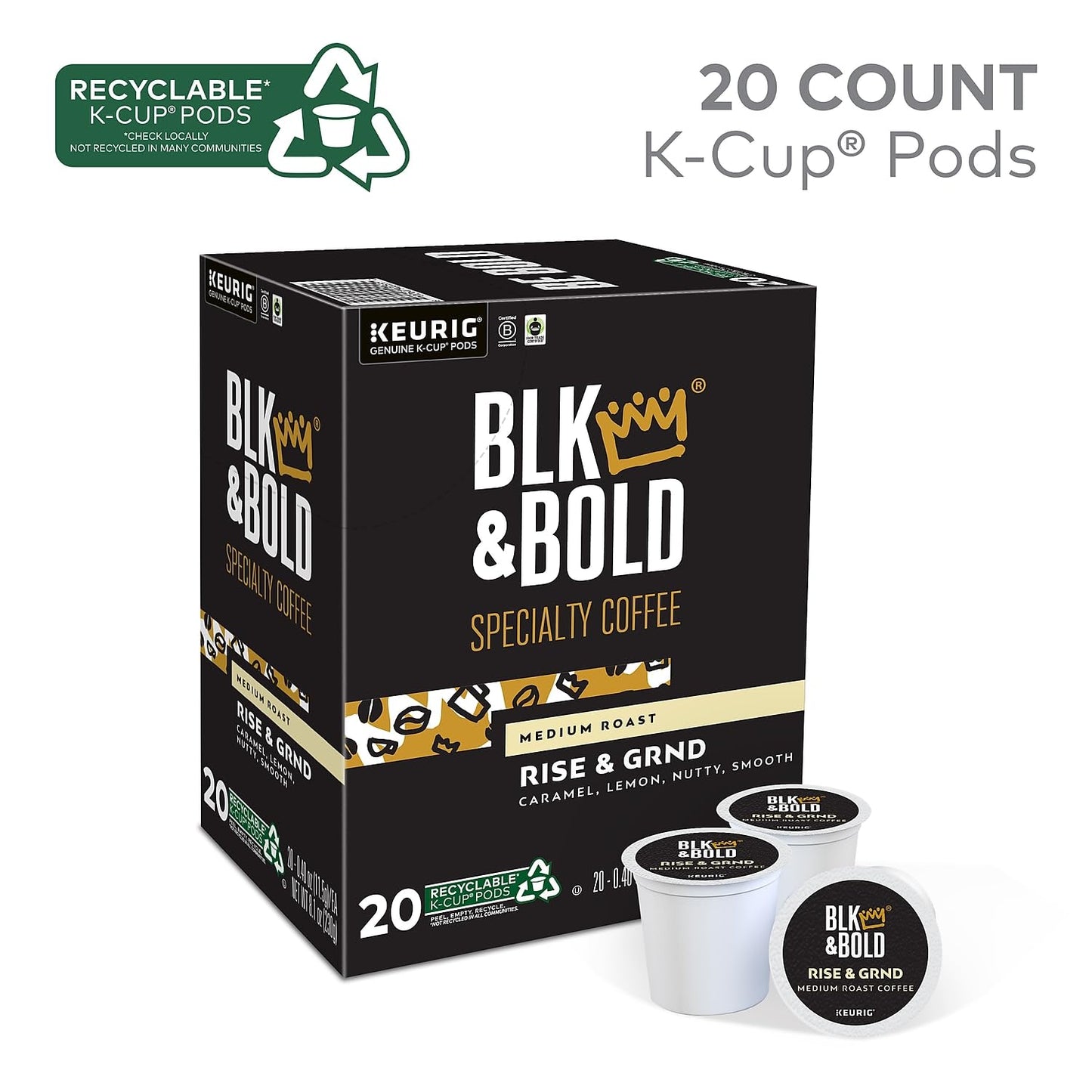 Blk & Bold Rise & Grnd, Keurig Single Serve K-Cup Coffee Pods, Premium Medium Roast, 100% Arabica Beans, 20 Count