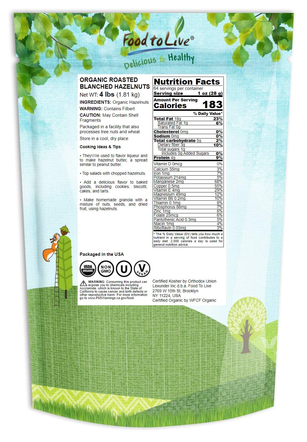 Food to Live Organic Blanched Roasted Hazelnuts, 4 Pounds - Non-GMO, Dry Roasted Filberts, No Skin, Whole Nuts, Unsalted, Kosher