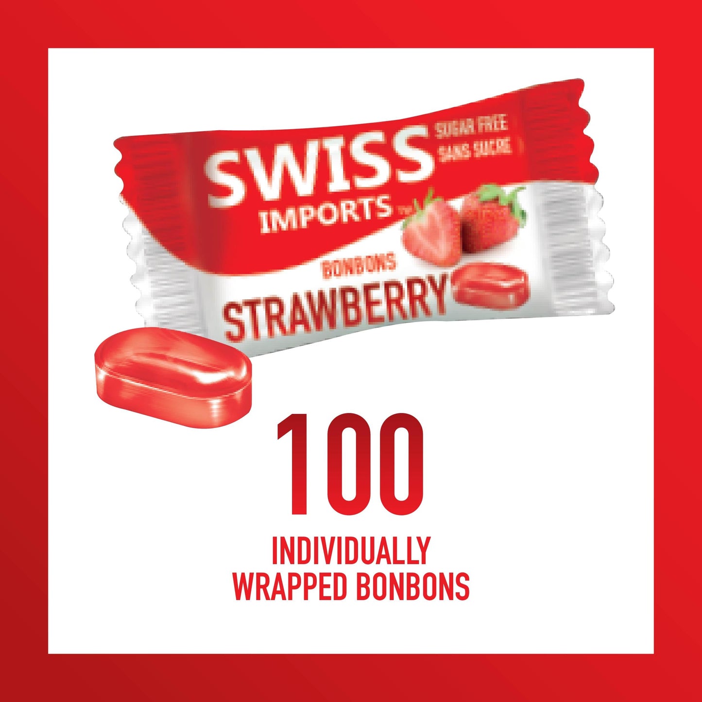 Swiss Imports Sugar Free Bonbons Hard Candy Drops, Strawberry, 100 Individually Wrapped Pieces, 250G/8.8Oz