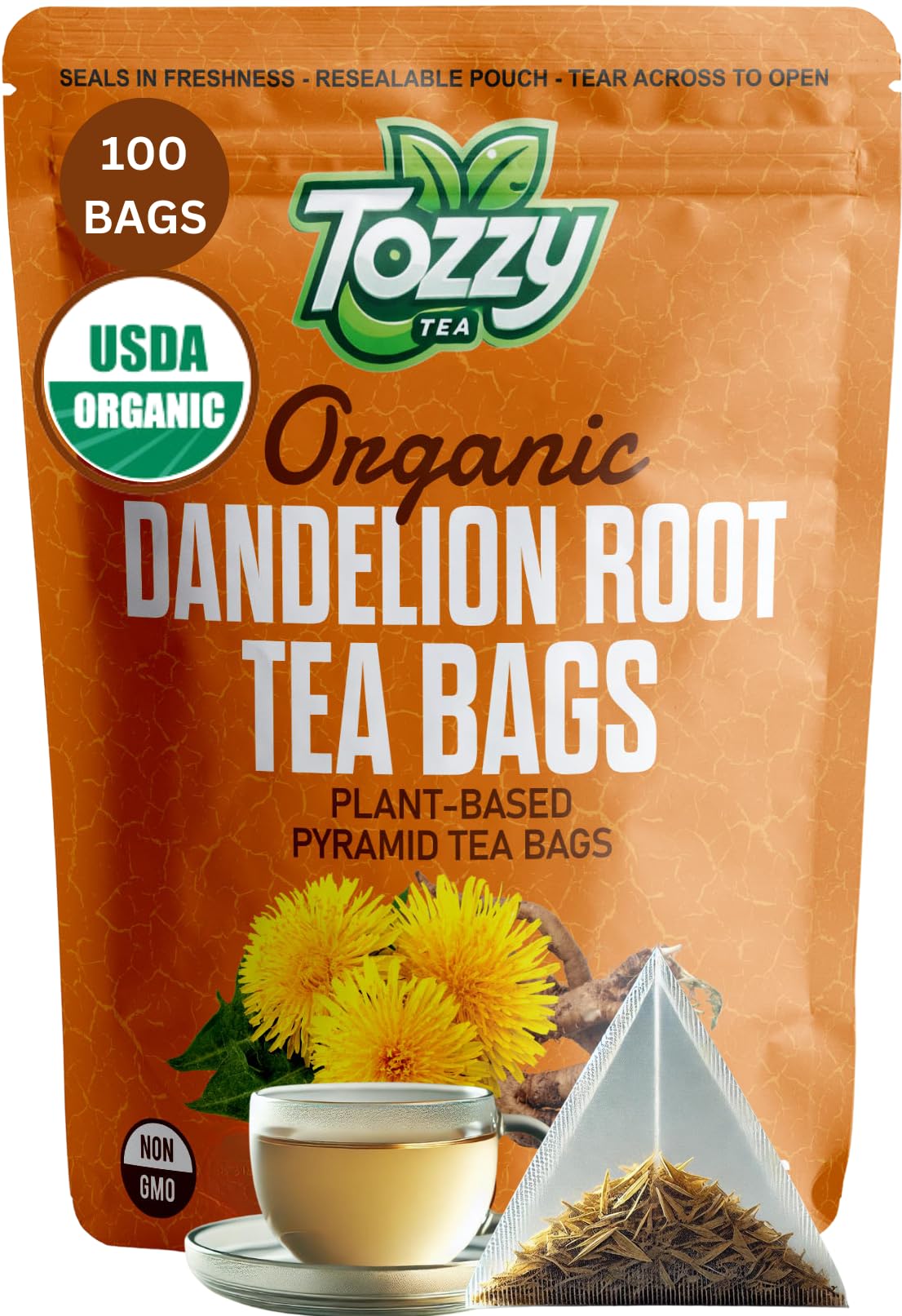 Tozzy Organic Dandelion Root Tea - 100 Count  Plant-Based Pyramid Tea Bags
