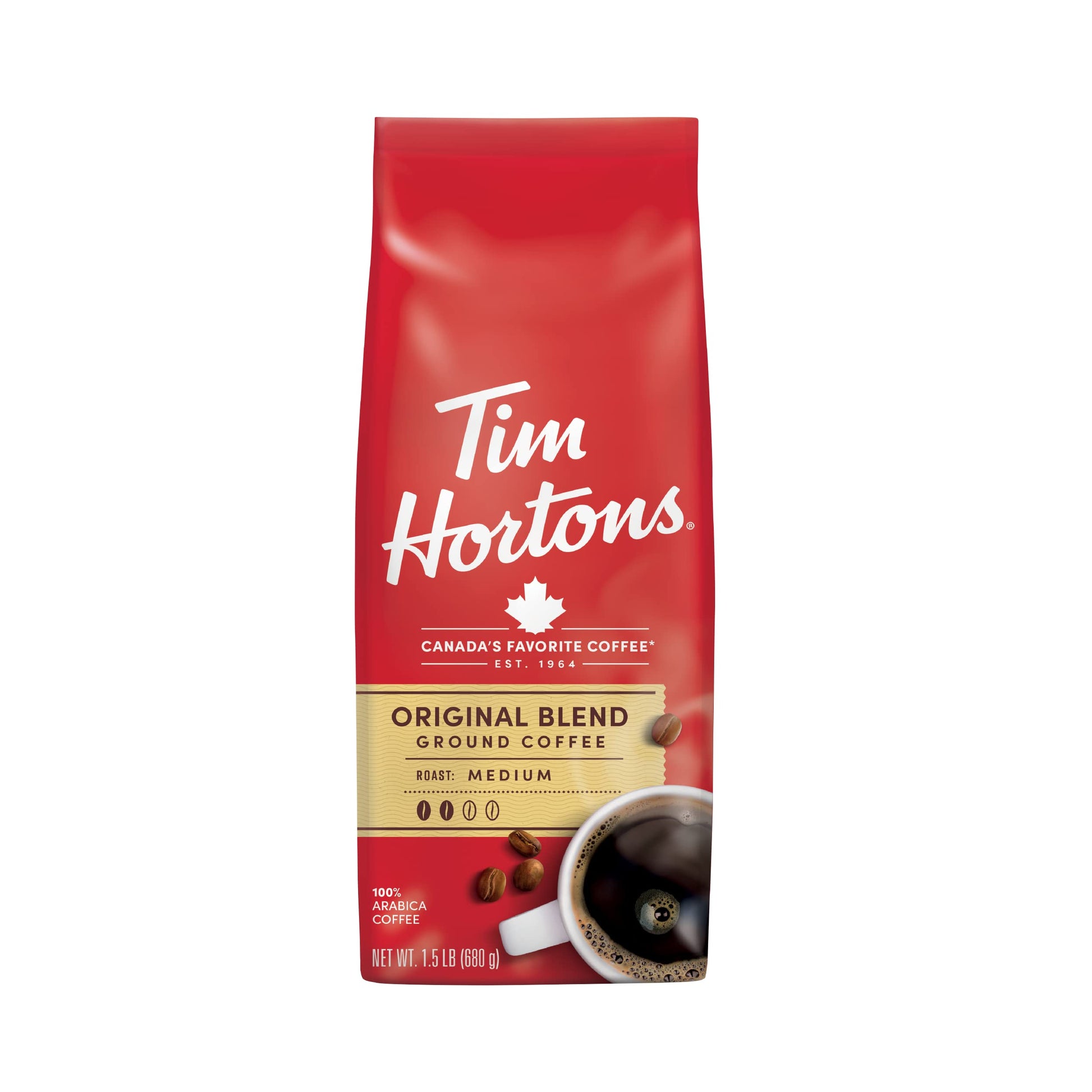 Tim Hortons Original Blend Ground Coffee, Medium Roast, 24 Ounce Bag, 100% Arabica Beans, Red, Model Wnaldc