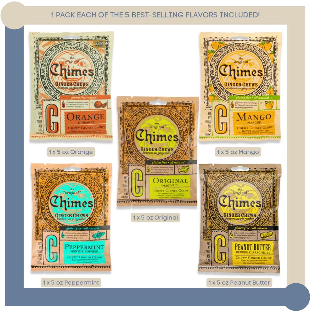 Empire Mercante Chimes Ginger Chews Variety Pack, 5 Flavors, Vegan, Gluten Free, 25 oz Total