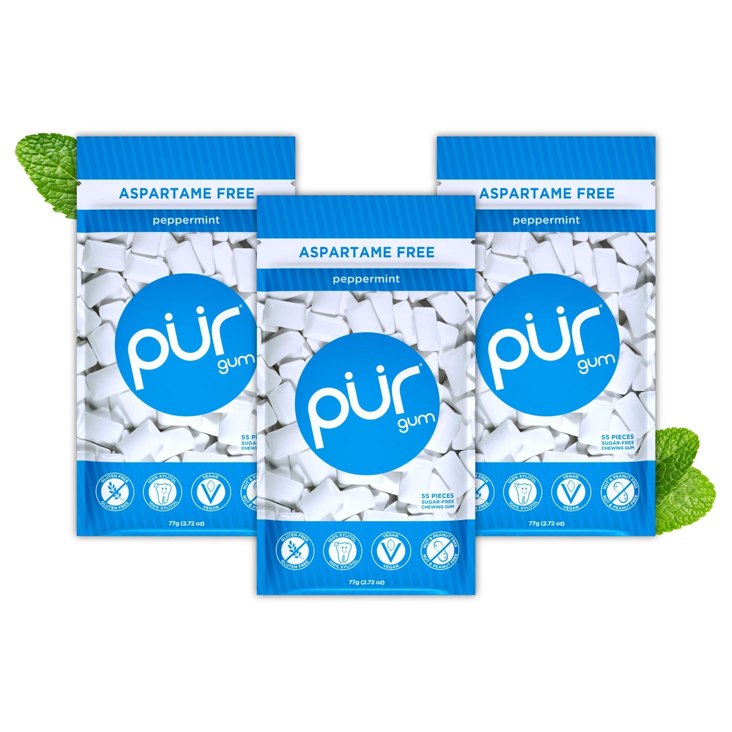 Pur Gum | Aspartame Free Chewing Gum | 100% Xylitol | Natural Peppermint Flavored Gum, 55 Pieces (Pack Of 3)