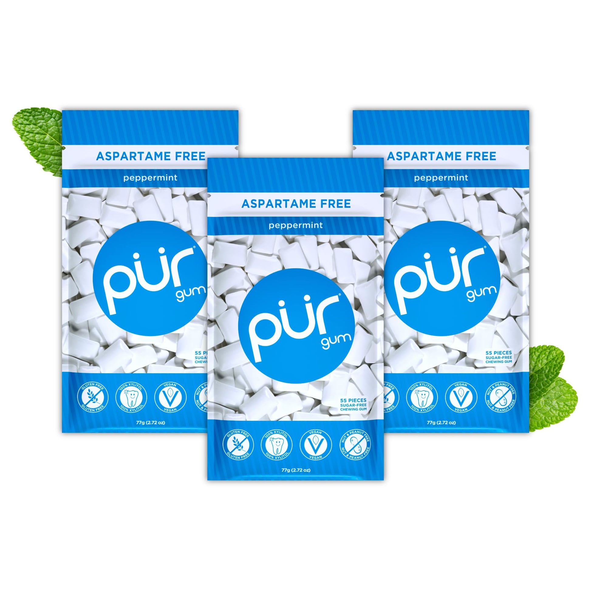 Pur Gum | Aspartame Free Chewing Gum | 100% Xylitol | Natural Peppermint Flavored Gum, 55 Pieces (Pack Of 3)