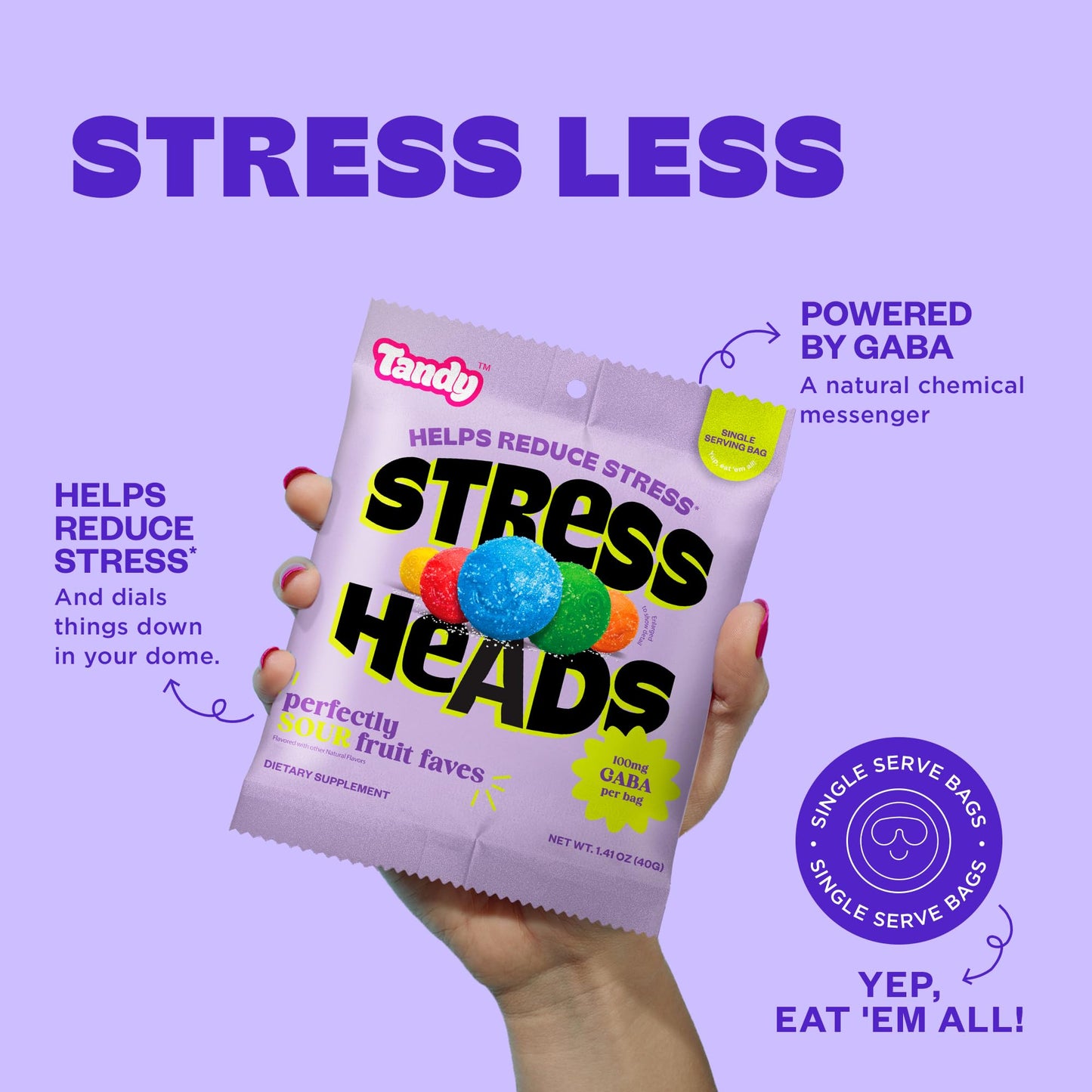 Tandy Stress Heads GABA Amino Acids Gummies I Perfectly Sour Fruit Faves Flavor Gummies Helps Support Stress Relief I Gluten-Free  Dietary dietary product Gummy I 6-Pack