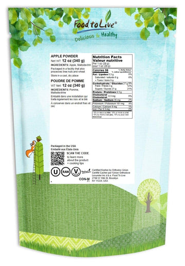 Food To Live Apple Powder, 12 Ounces - Unsulfured, Made From Raw Dried Fruit, Vegan, Bulk, Great For Juices, Smoothies, Yogurts,