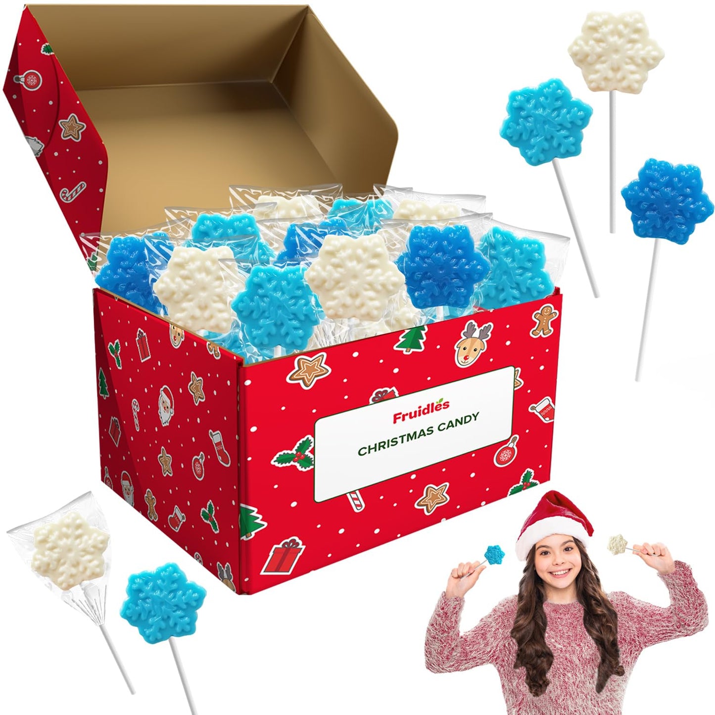 Fruidles Christmas Snowflake Candy Lollipops, Fruit-Flavored Chewables, 12-Pack