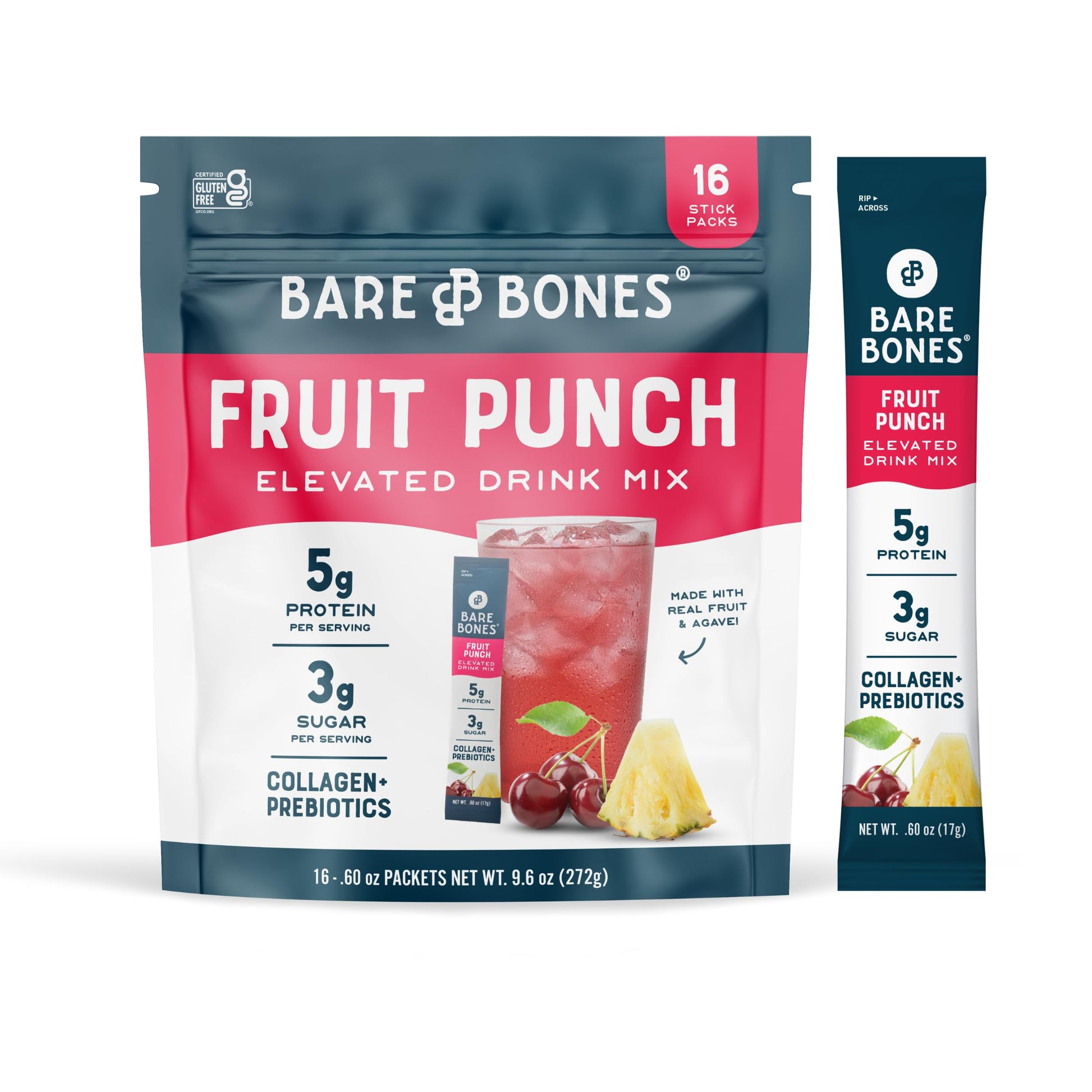 Bare Bones Fruit Punch Elevated Drink Mix | Collagen & Prebiotics | Gluten-Free & Naturally Sweetened | On-The-Go Stick Single-S