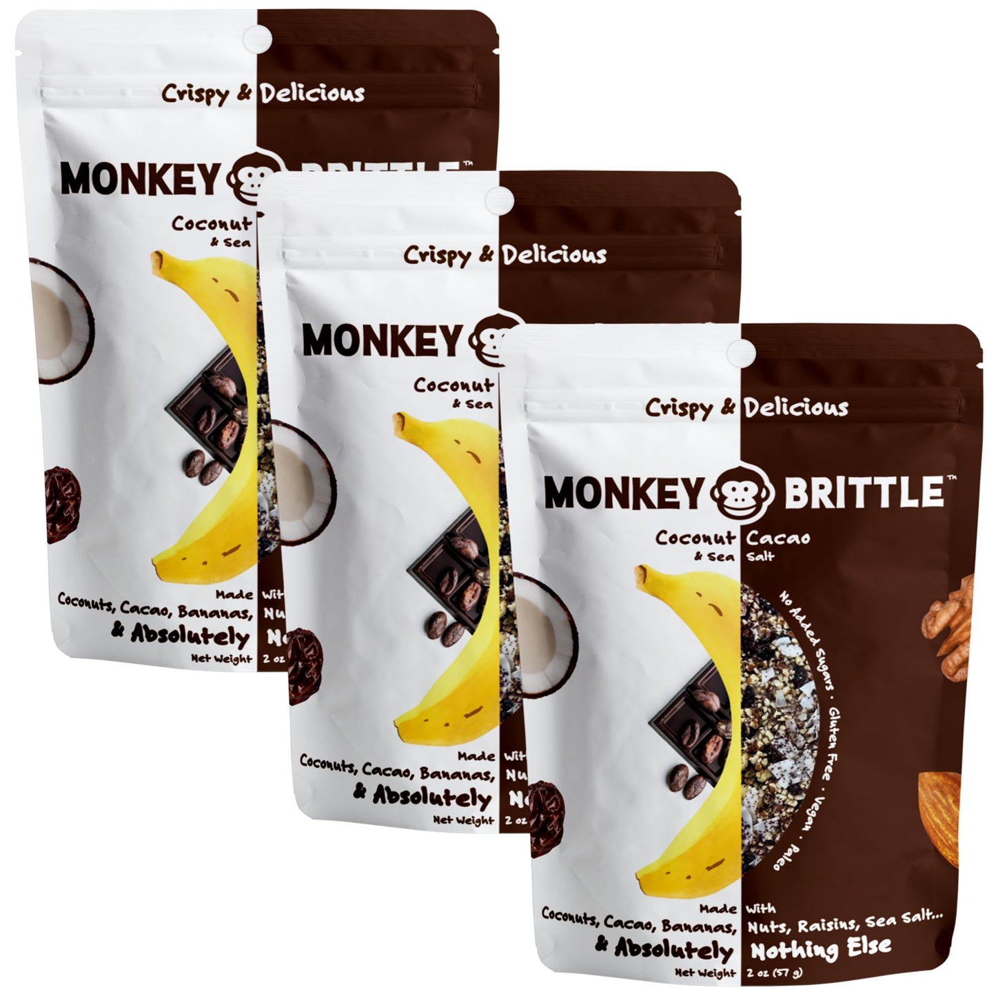 Monkey Brittle Cacao Coconut Snacks, Vegan & Gluten-Free, 2 Ounce (Pack of 3)
