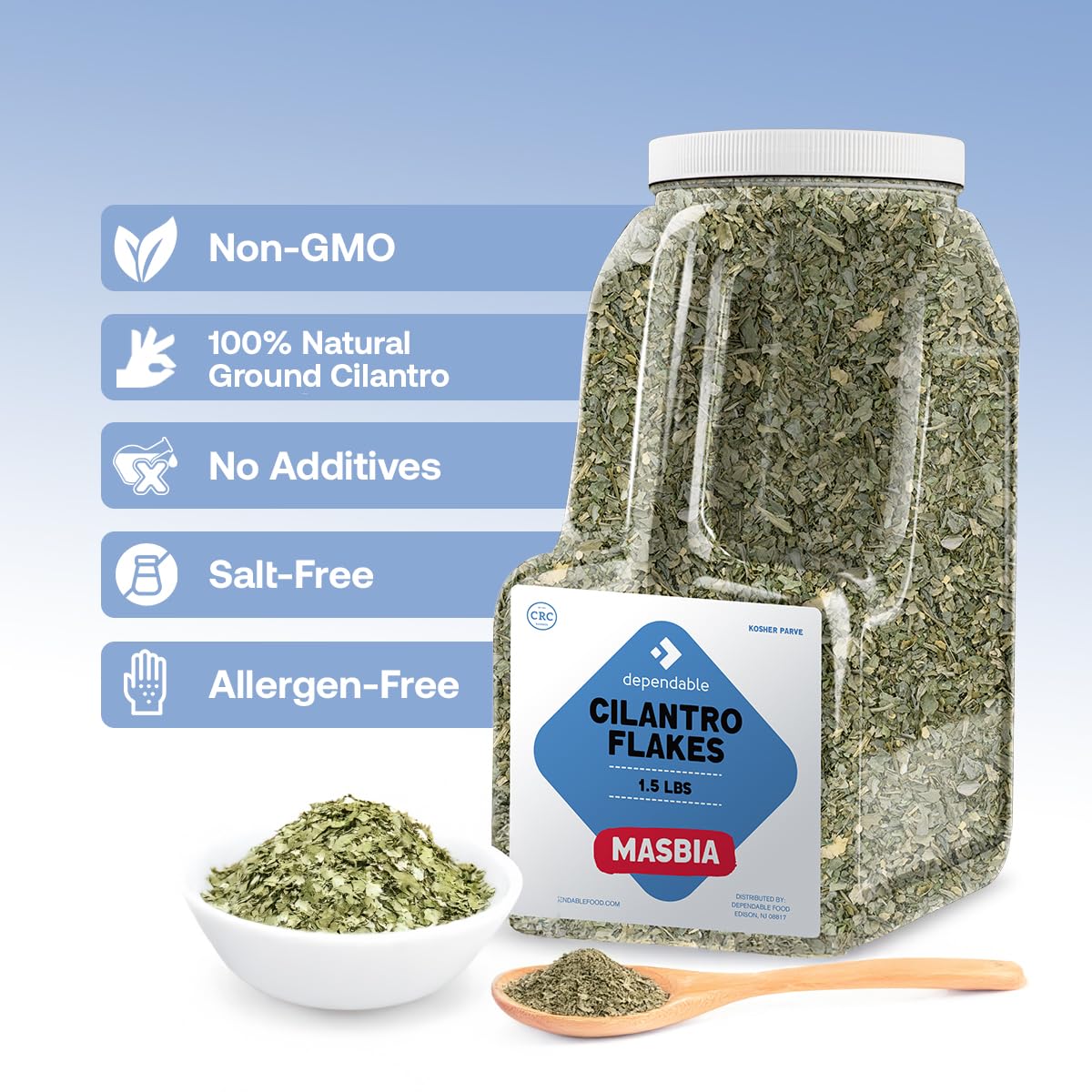 Dependable Food Cilantro Flakes - 1.5 Lb. Resealable Bulk Jug, Natural 100% Dried Cilantro Seasoning, Additive-Free, Non-Gmo, Sa