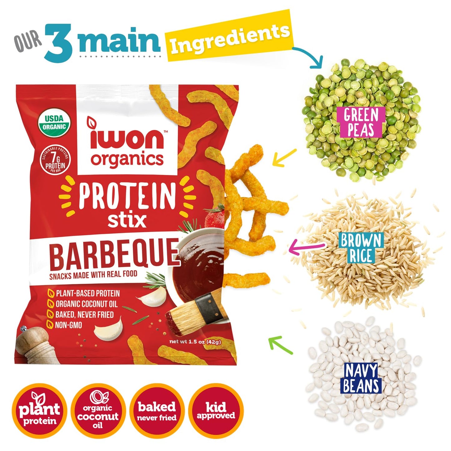 IWON Organics Mesquite BBQ Flavor Snack Stix, High Protein and Organic Healthy Snacks, 8 Bags, 1.5 Ounce