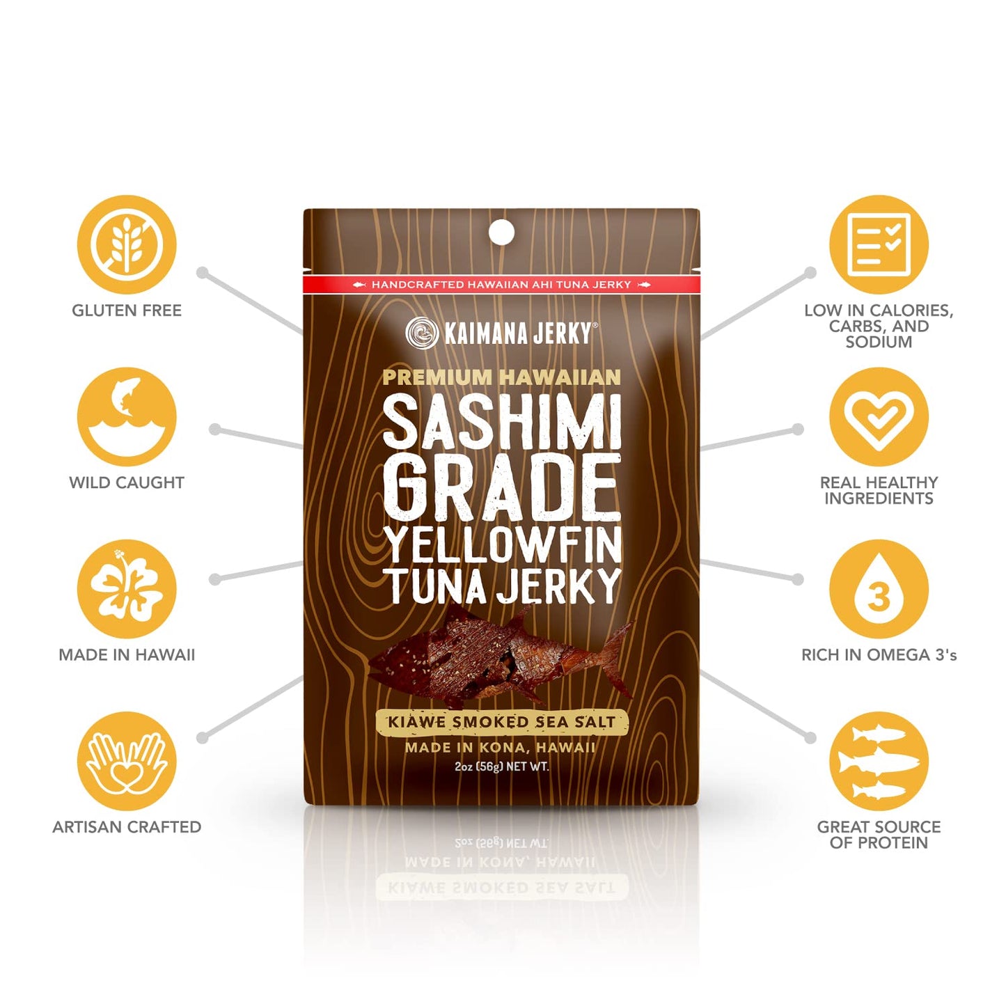 Kaimana Jerky Ahi Tuna Jerky - Kiawe Smoked Sea Salt, All Natural, 2 Ounce, Soft and Tasty, Premium Fish Jerky Made in the USA