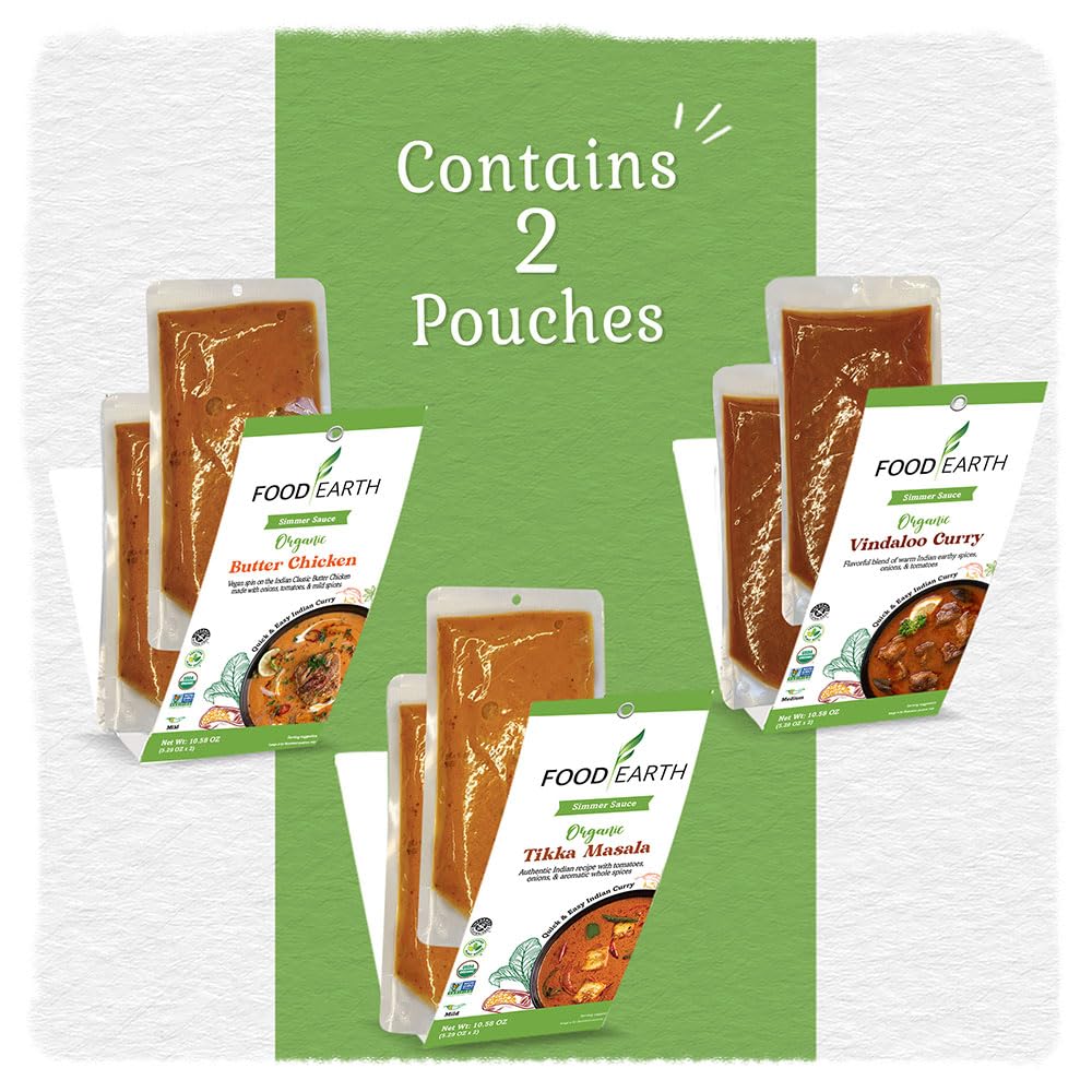 Food Earth Indian Simmer Sauce Trio - Vindaloo, Butter Chicken, Tikka Masala - Organic, Vegan, Gluten-Free, Gmo-Free - 6 Prepack