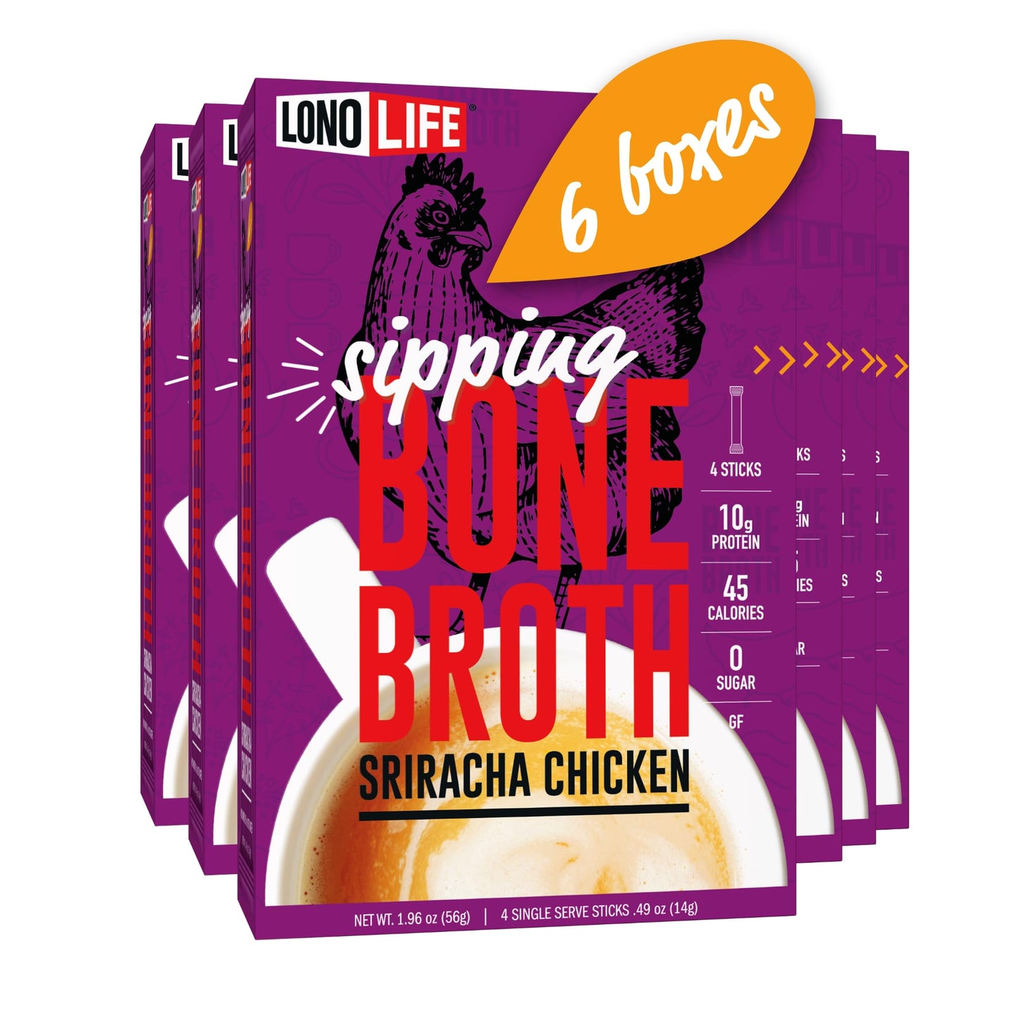 LonoLife Sriracha Chicken Bone Broth Powder Mix | 10g Protein | Collagen-Rich, Keto & Paleo Friendly | Natural Ingredients | 24 