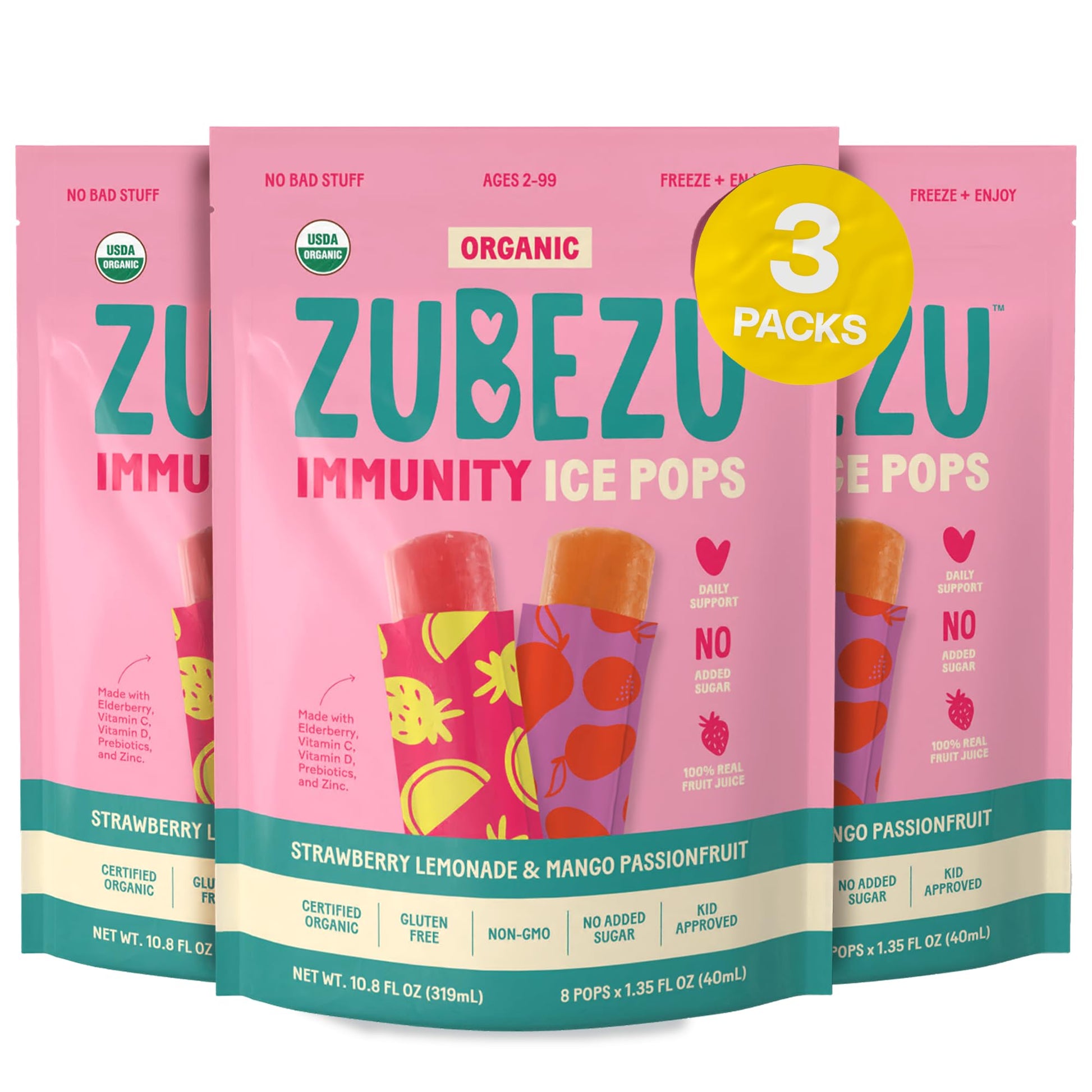 ZuBeZu Organic Immunity Ice Pops - Natural Support for Childrens Immune System with Elderberry, Vitamin C & D, and Zinc - No Add