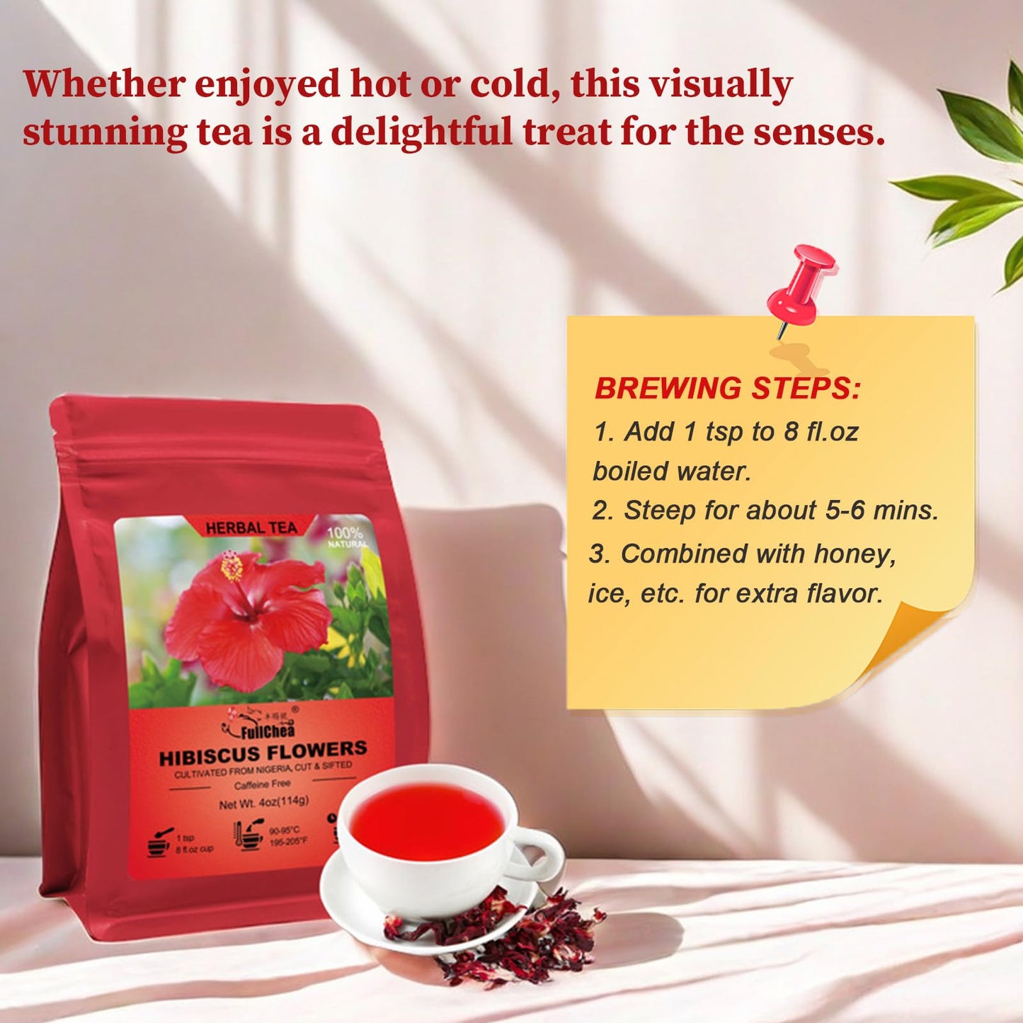 FullChea Hibiscus Flowers, Cut & Sifted, Non-GMO, Caffeine-free, 4oz Loose Leaf Tea