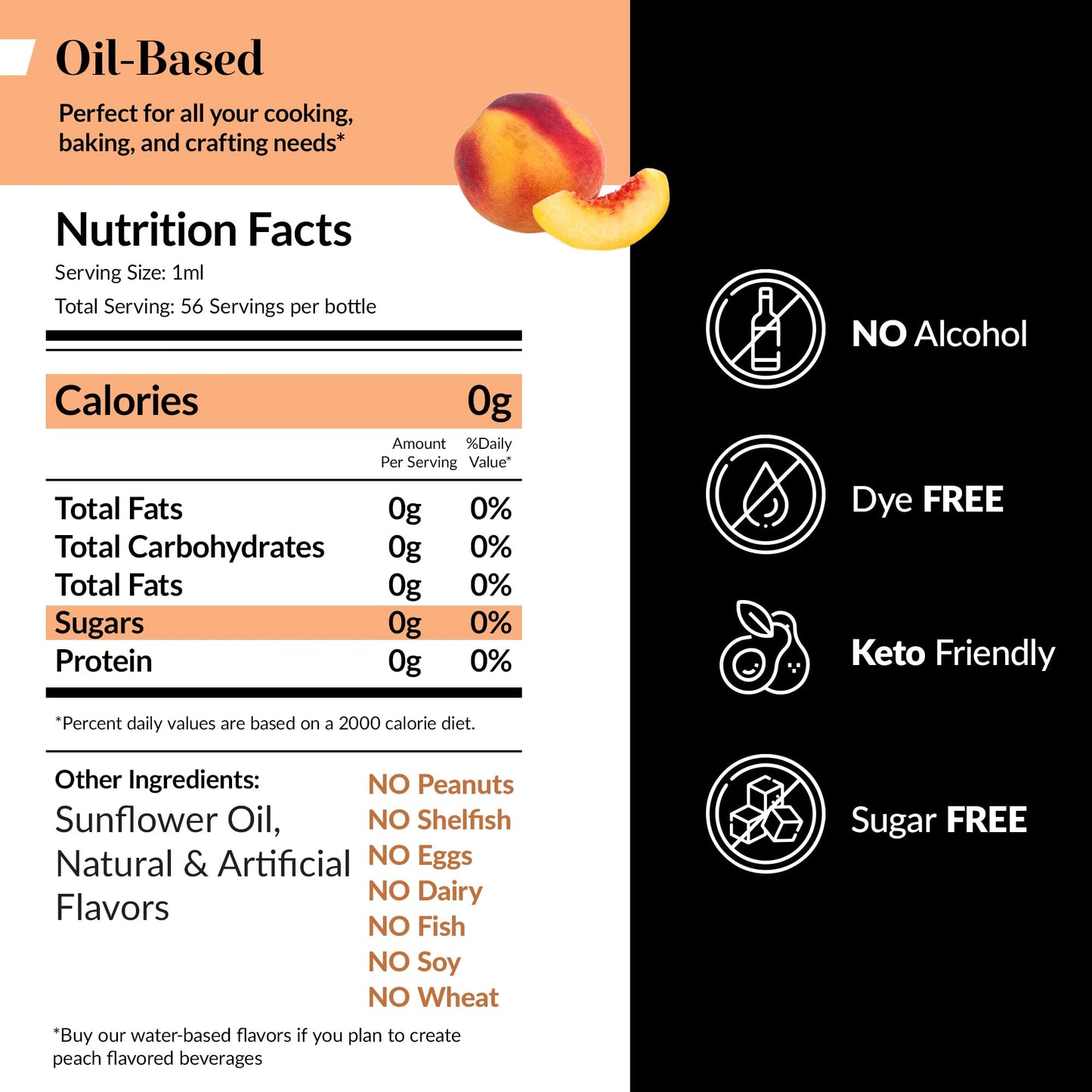 Dolce Flav Peach Extract, 2 Oz Oil-Soluble Flavoring for Baking & Desserts, Kosher, Sugar-Free, Includes Measured Dropper