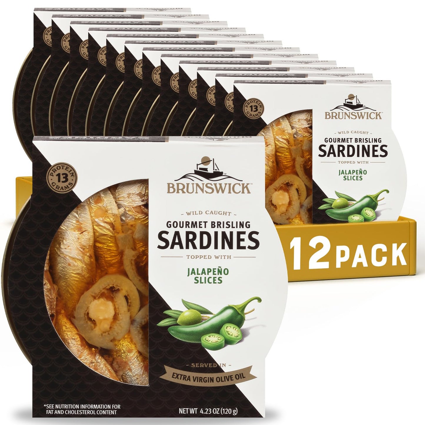 Brunswick Gourmet Brisling Sardines in Extra Virgin Olive Oil with Jalapeño, 4.23 oz Can (Pack of 12), Gluten-Free, Keto Friendly