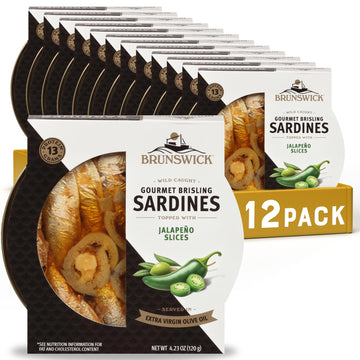 Brunswick Gourmet Brisling Sardines in Extra Virgin Olive Oil with Jalapeño, 4.23 oz Can (Pack of 12), Gluten-Free, Keto Friendly
