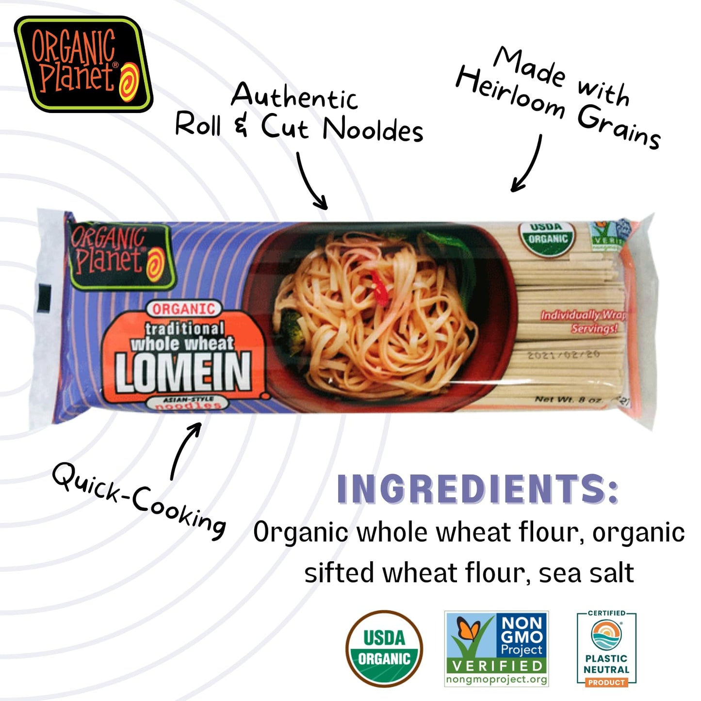 Organic Planet Whole Wheat Lo Mein Noodles, Non-Gmo, Organic, Vegan, Asian Stir-Fry Noodles, 8 Oz (3 Pack), 8 Oz (3 Pack)