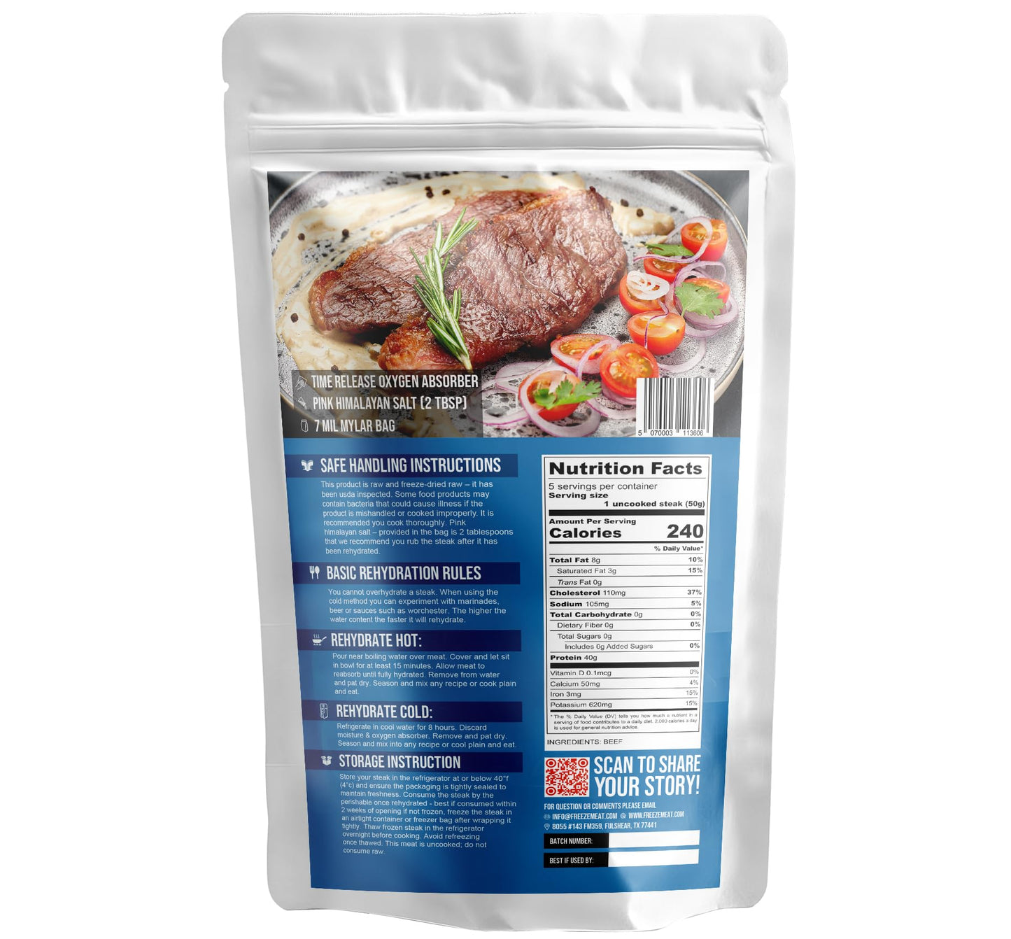 Freeze Meat Freeze-Dried Sirloin Steaks - 8.75 oz Family Pack, 30-Year Shelf Life, No Refrigeration, Grass-Fed, Ideal for Camping & Emergencies