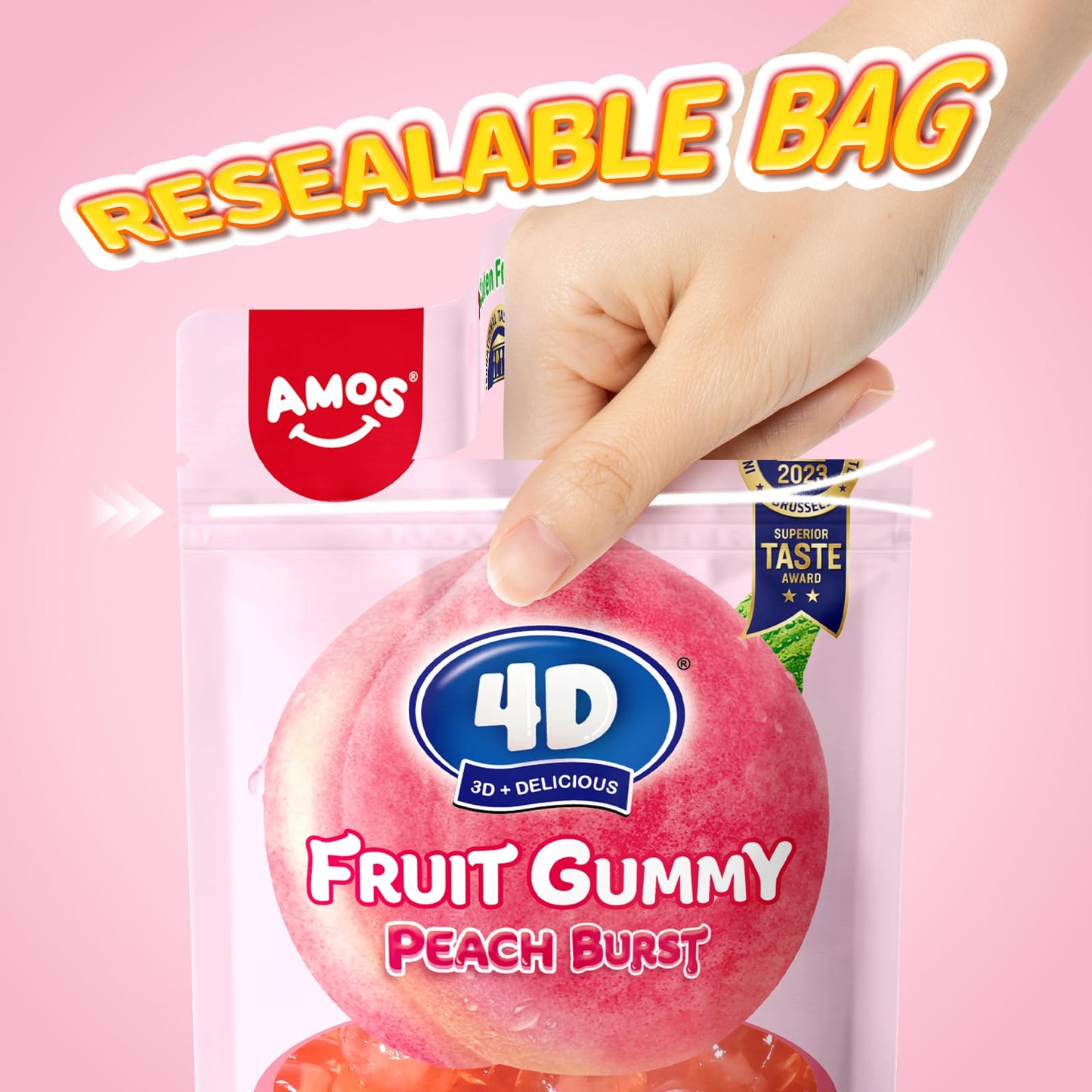 Amos 4D Gummy Candy Peach Burst - Fruity, Jelly-Filled, Natural Flavor - Resealable 2.29Oz Bag Valentine'S Candy Gift (Pack Of 8