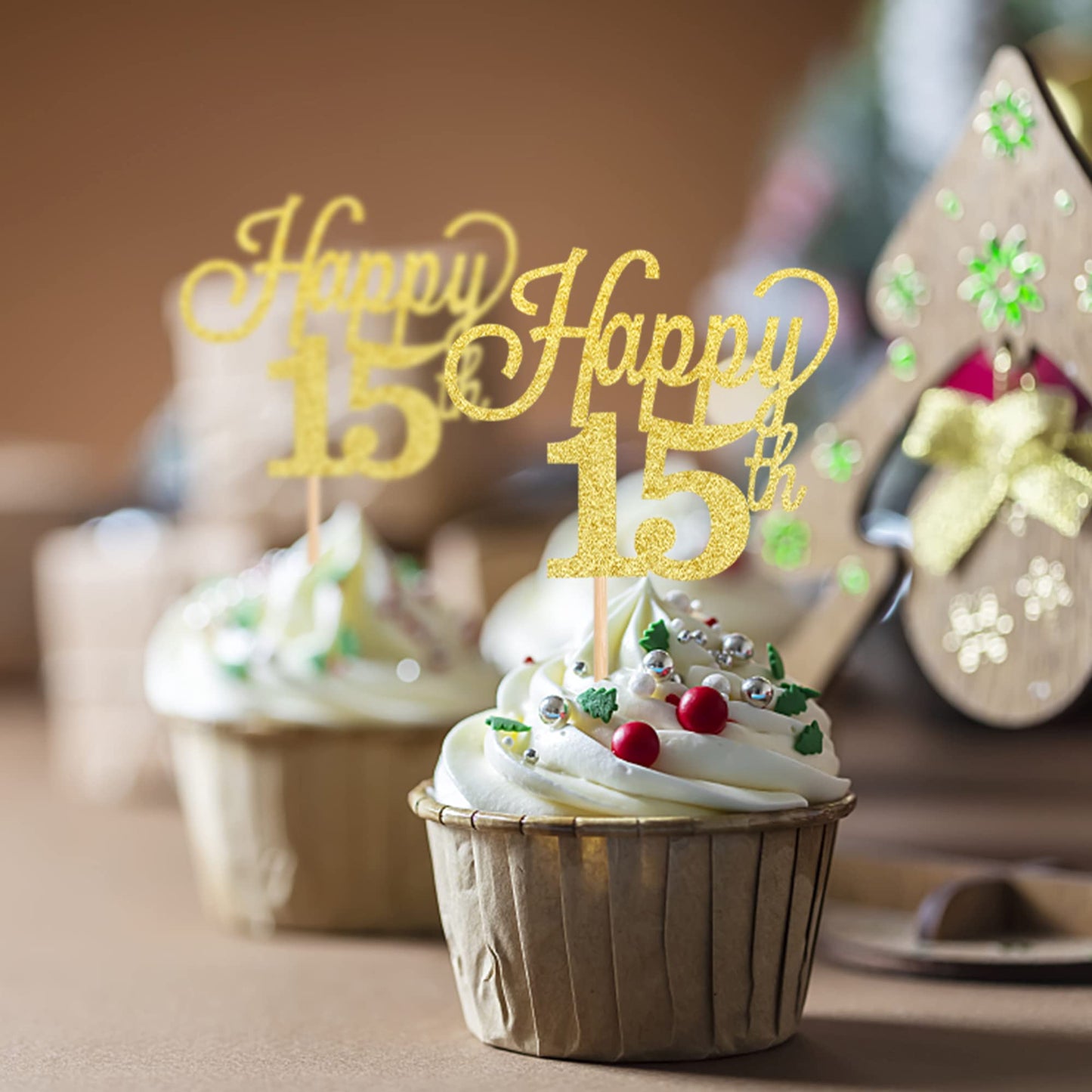 YCTHUNFISH 24 Pack Cupcake Toppers Glitter Number 15 Gold Bamboo Decorations for 15th Birthday Party