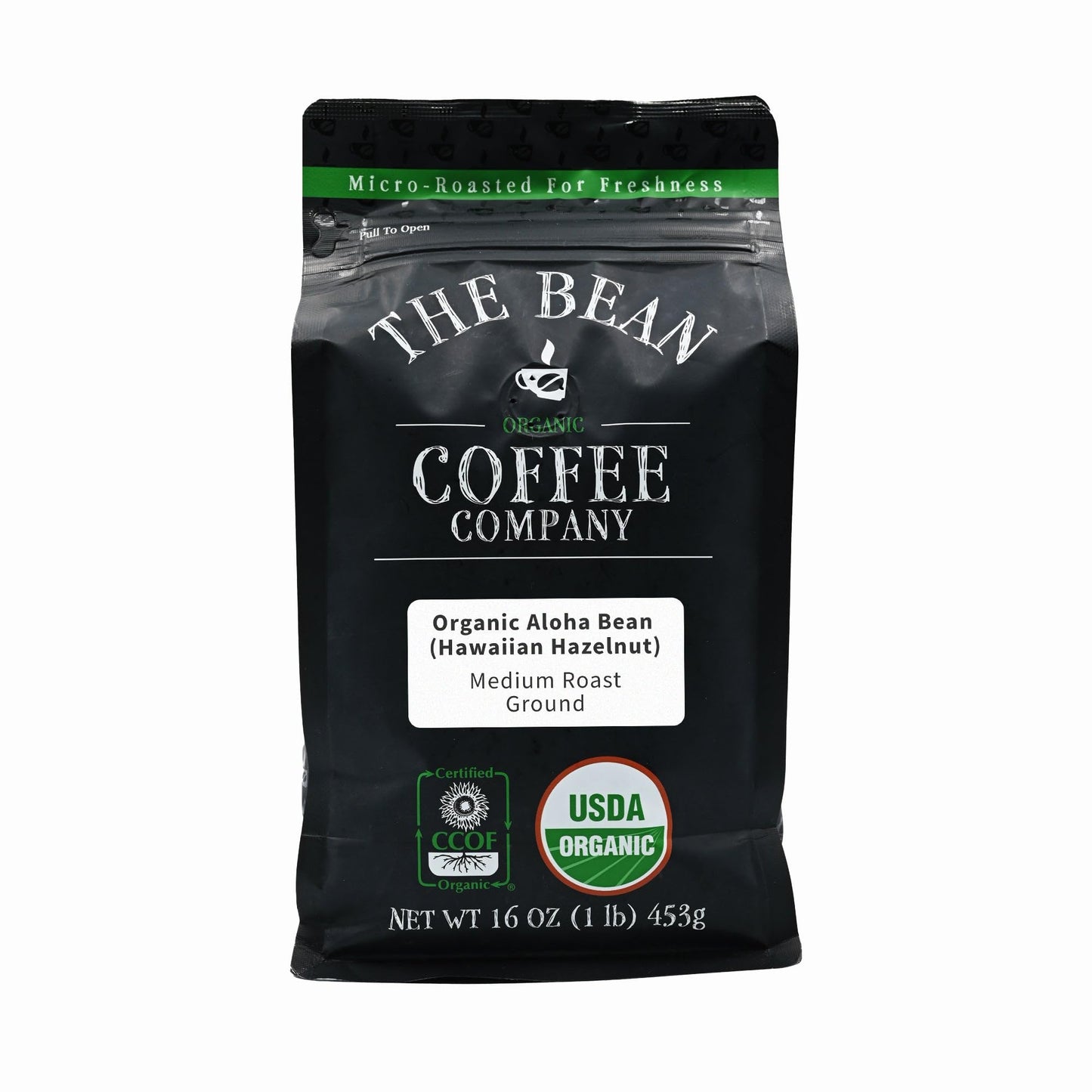 The Bean Organic Coffee Company Aloha Bean (Hawaiian Hazelnut), Medium Roast, Ground Coffee, 16-Ounce Bag,Café Molido Tostado Organico