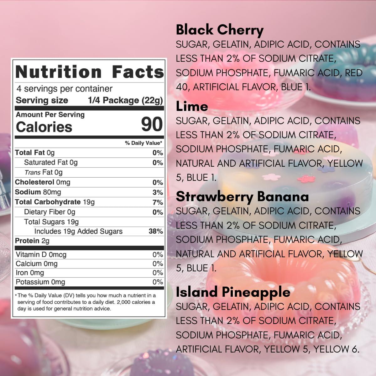 Gelatin Variety Pack, 4 Flavored Instant Jell Dessert Mix, Strawberry Banana, Pineapple, Black Cherry, and Lime (3oz/Pack of 4)