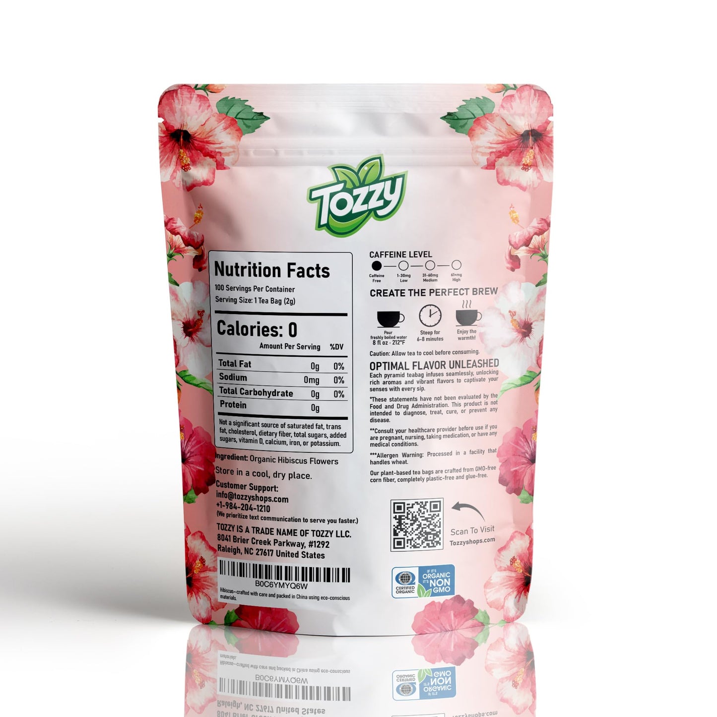Tozzy Organic Hibiscus Tea - 100 Count, Plant-Based Pyramid Tea Bags