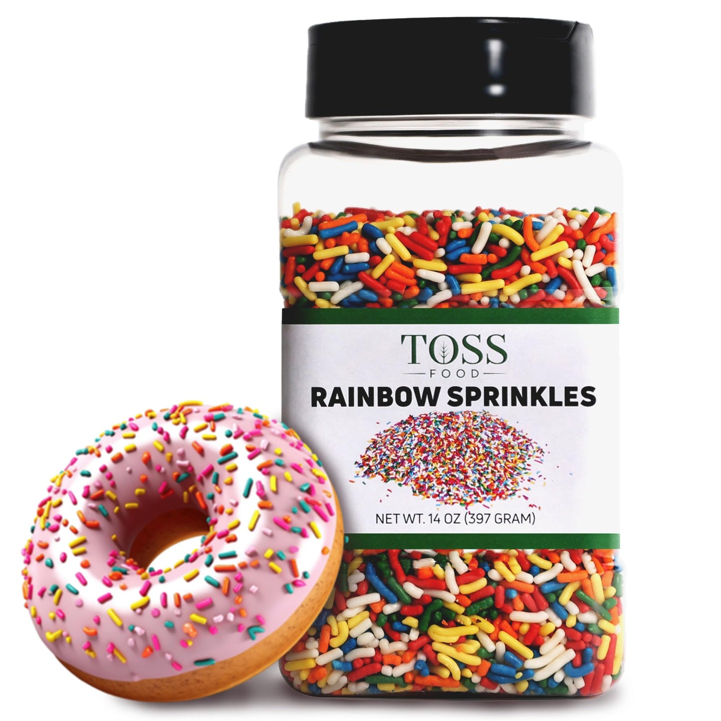 TOSS Rainbow Sprinkles Jimmies, 14 OZ, Decorating Topping for Baking, Ice Cream, Cake, Cupcakes, Resealable Container