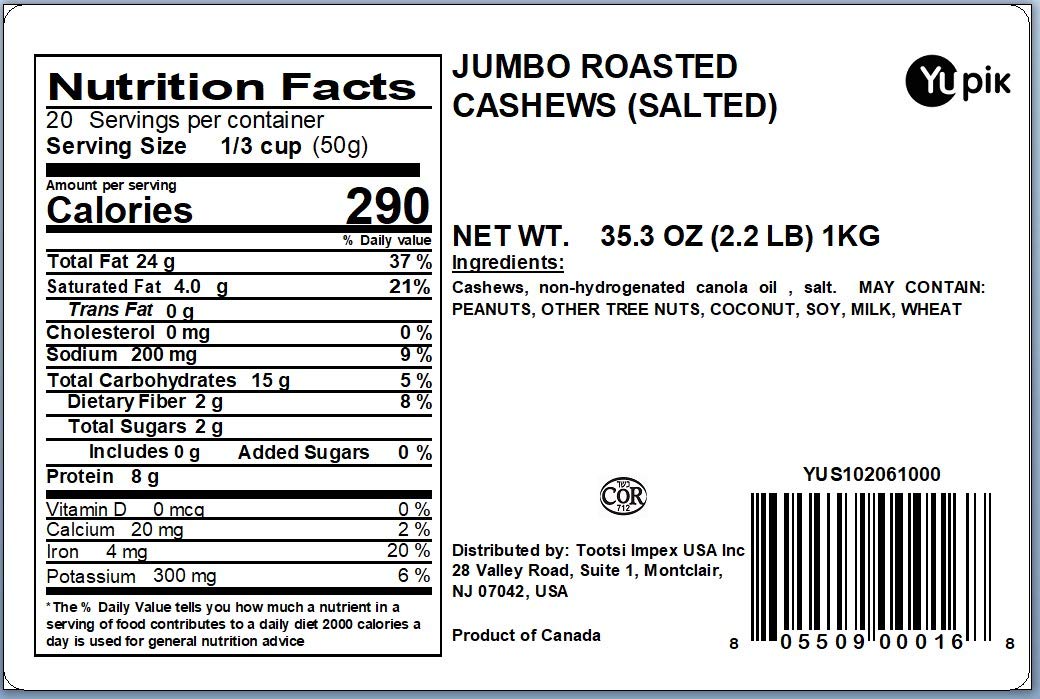 Yupik Roasted Salted Jumbo Cashews, 2.2 Lb, Gluten-Free, Kosher, Vegan, Large Crunchy Nuts, Lightly Seasoned With Salt, Source O