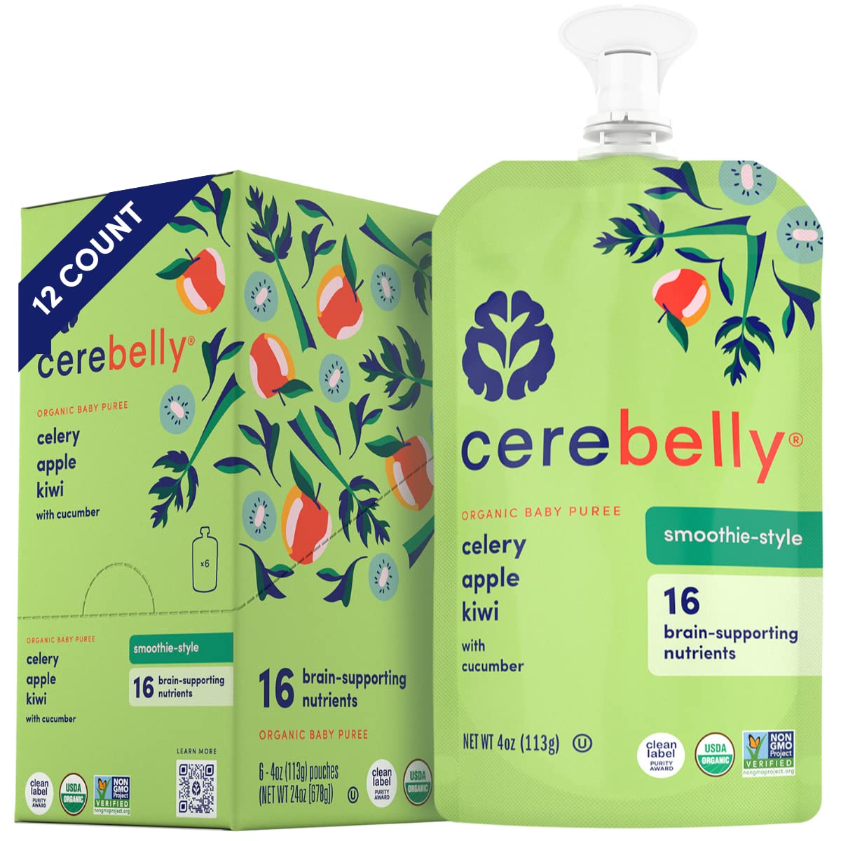 Cerebelly Baby Food Pouches - Celery Apple Kiwi Smoothie (4 Oz, Pack Of 12) Healthy Kids Snacks - Organic Fruit & Veggie Purees,