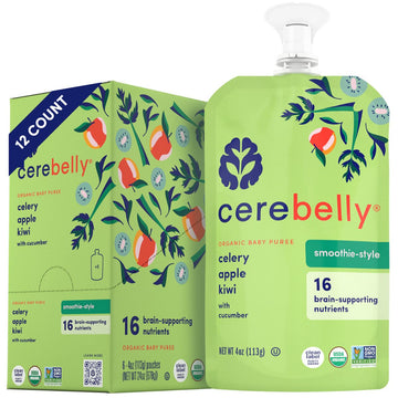 Cerebelly Baby Food Pouches - Celery Apple Kiwi Smoothie (4 Oz, Pack Of 12) Healthy Kids Snacks - Organic Fruit & Veggie Purees,