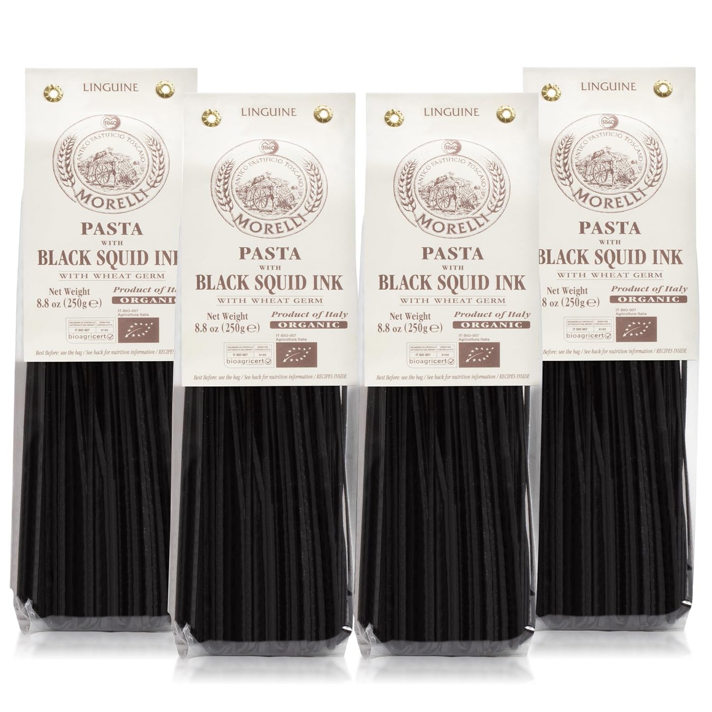 ANTICO PASTIFICIO MORELLI Squid Ink Linguine Pasta - Organic Durum Wheat - 8.8oz (Pack of 4) - Black Pasta Noodles