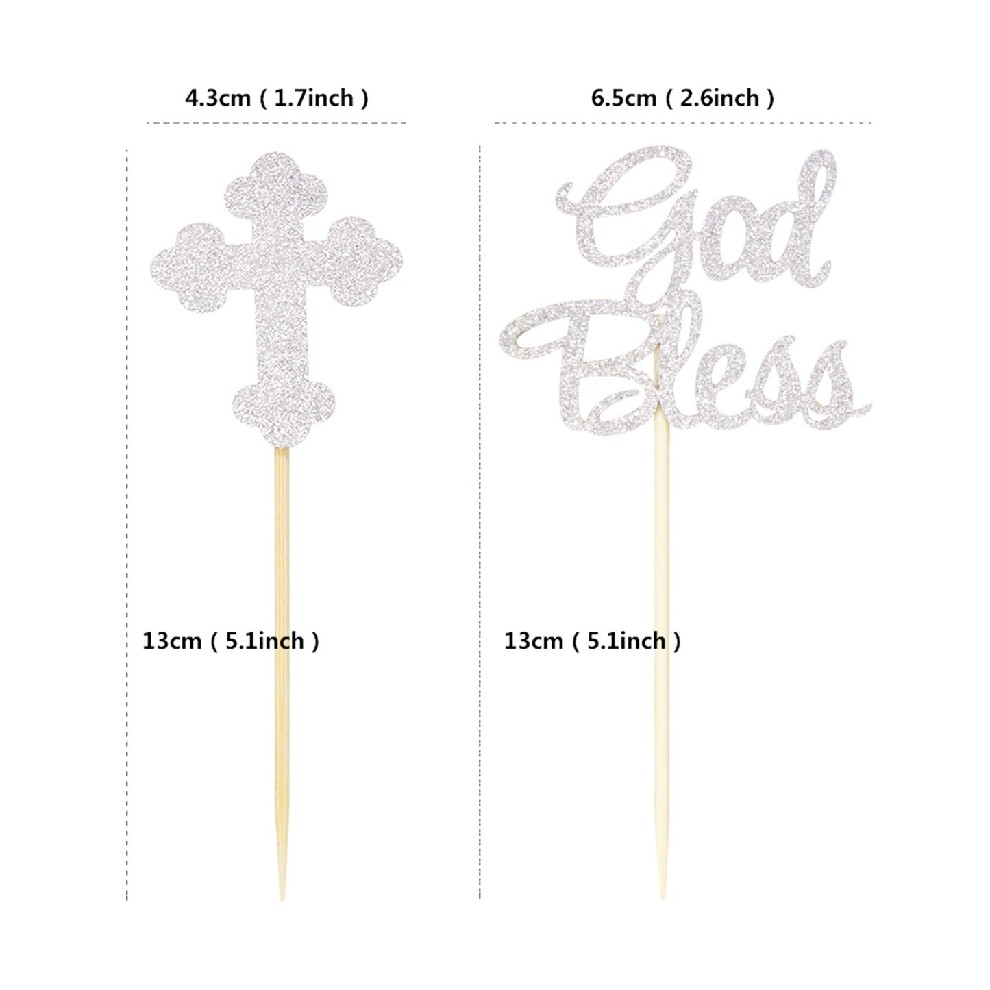 Ercadio Silver Glitter Cupcake Toppers, 24 Piece Set, Paper, Christian Party Decoration