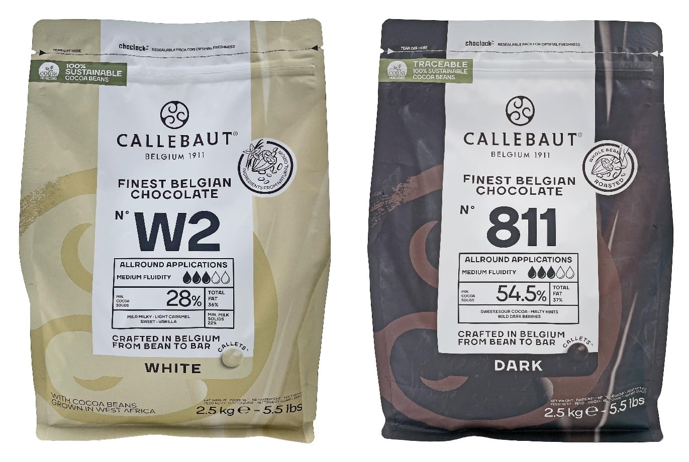 No. 811 Finest Belgian Dark Chocolate Callets With 54.5% Cocoa & W2 White Chocolate Callets With 28% Cocoa | 5.5 lbs each | Baki