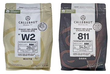 No. 811 Finest Belgian Dark Chocolate Callets With 54.5% Cocoa & W2 White Chocolate Callets With 28% Cocoa | 5.5 lbs each | Baki