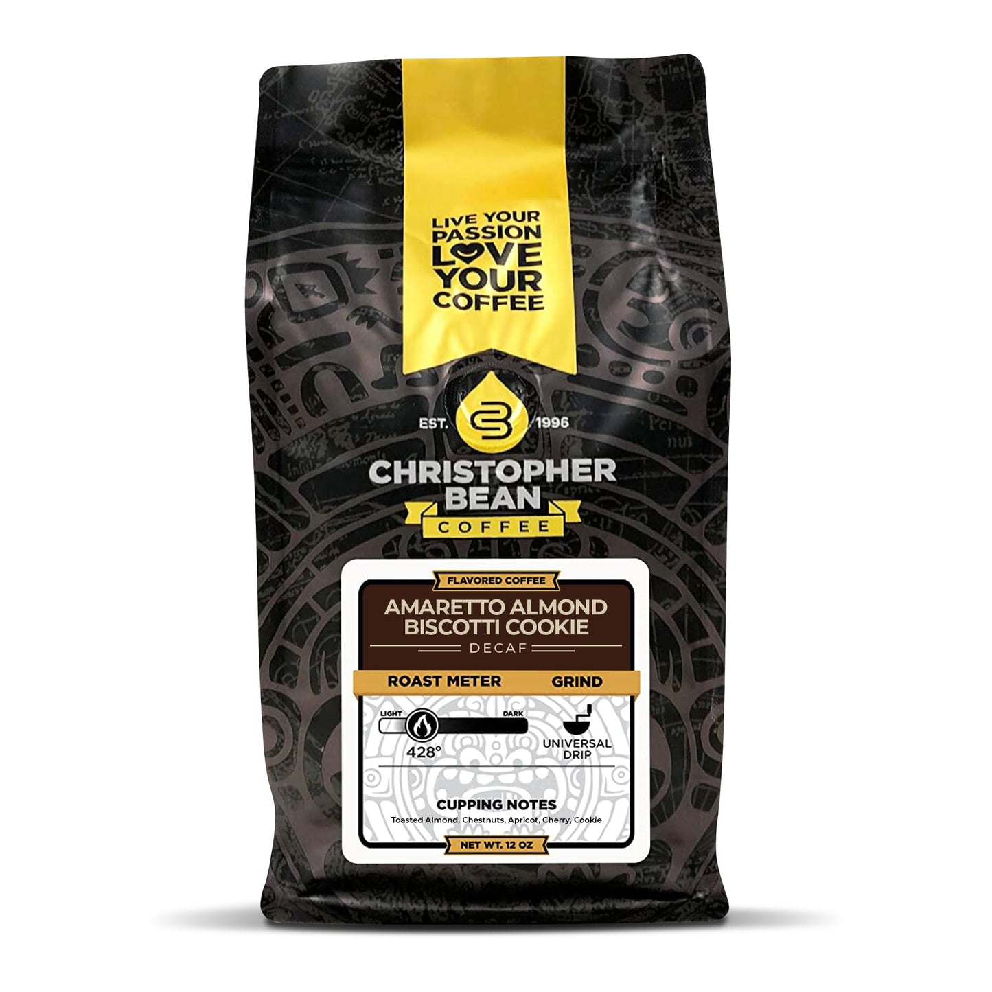 Christopher Bean Coffee - Certified Kosher, Decaf Ground Universal Drip Amaretto Almond Biscotti Coffee | Amaretto Flavored Medium Roast Coffee 100% Arabica, No Sugar, No Fats, Non-Gmo | 10-Ounce